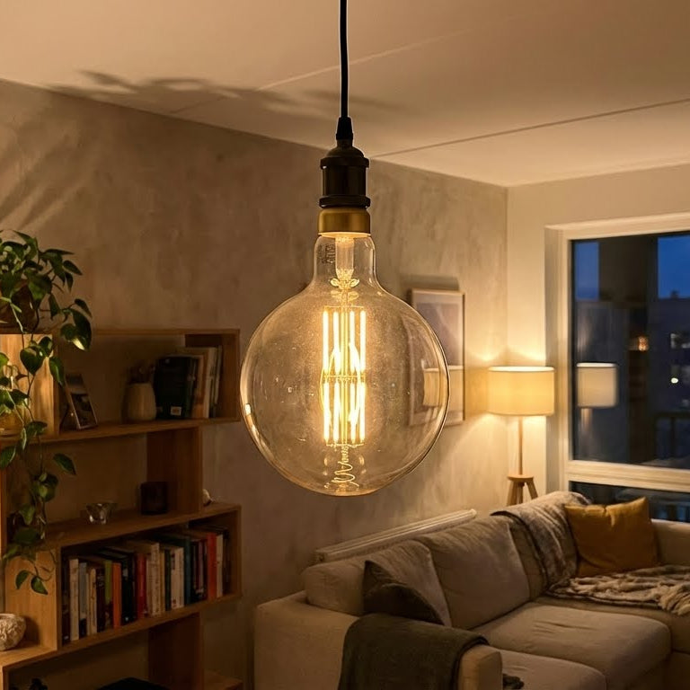Warm amber light radiating from a large vintage bulb