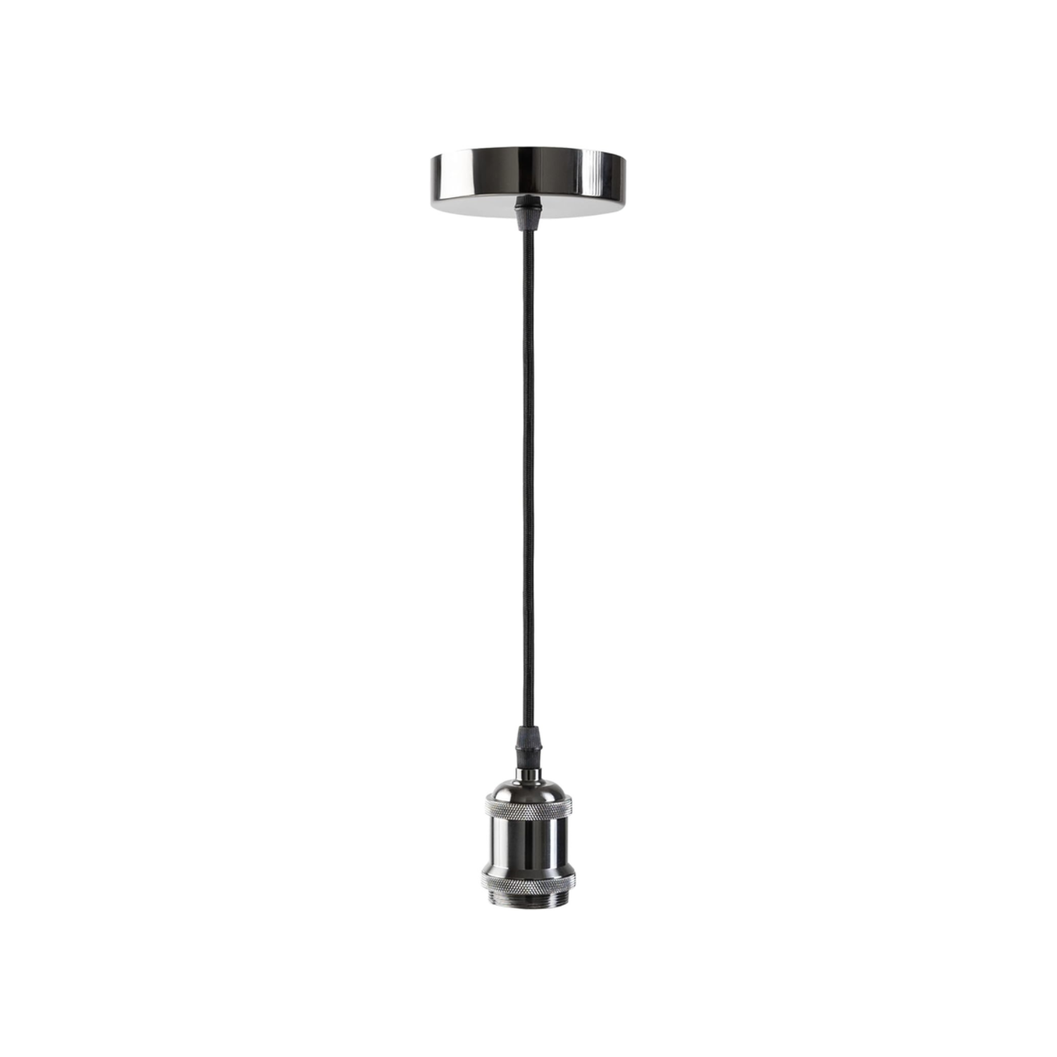 Black pendant light cord kit with chrome finish socket and black fabric cable on white background