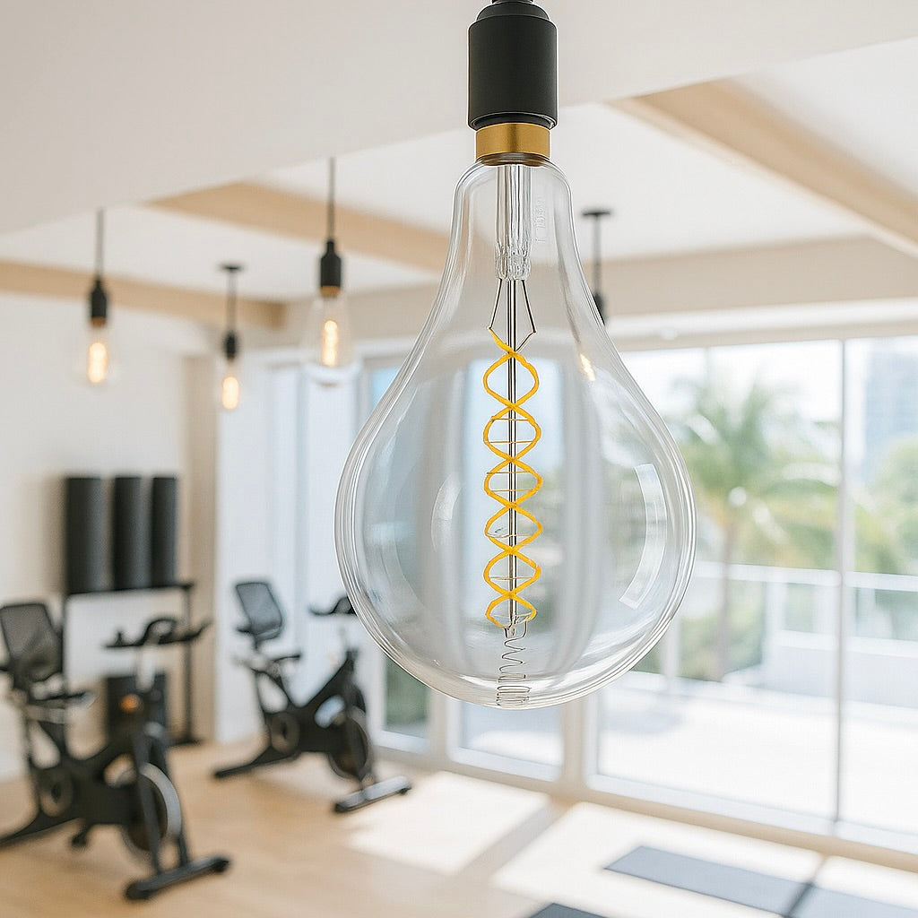 Clear light bulb with visible wiring in a gym setting