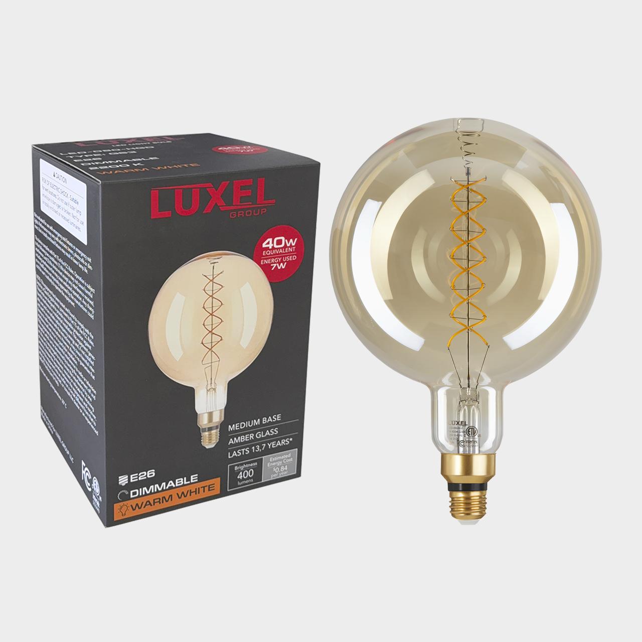 Luxel light bulb with packaging on a white background