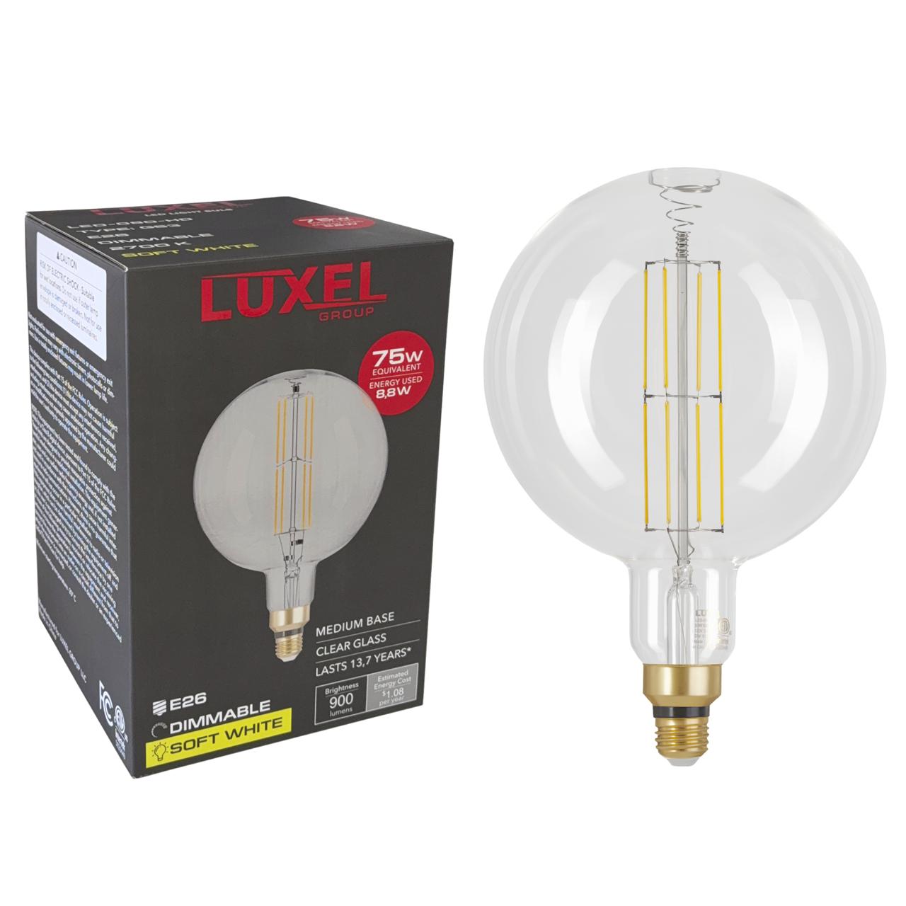 Luxel LED light bulb with packaging on a white background