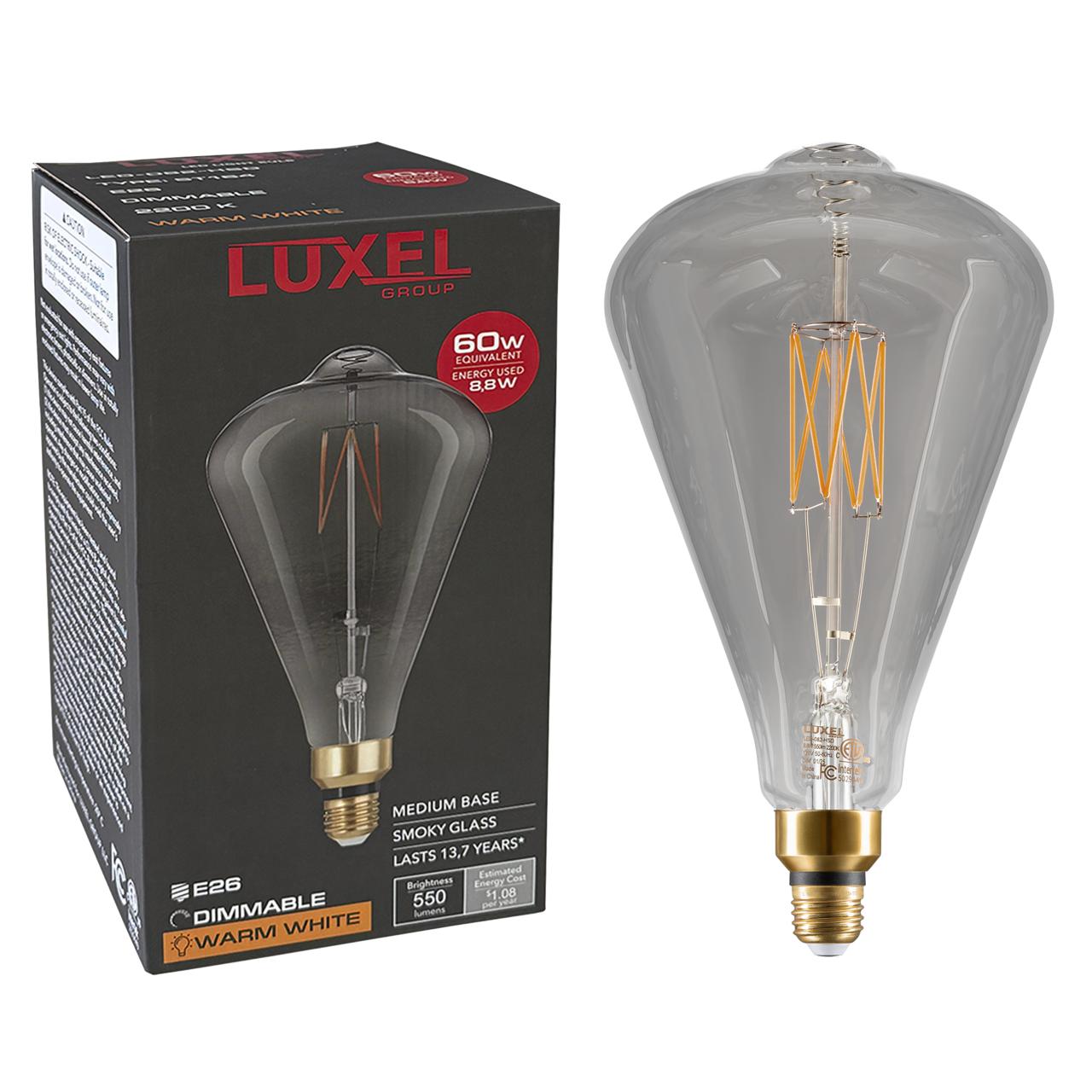 Luxel LED light bulb with packaging on a white background