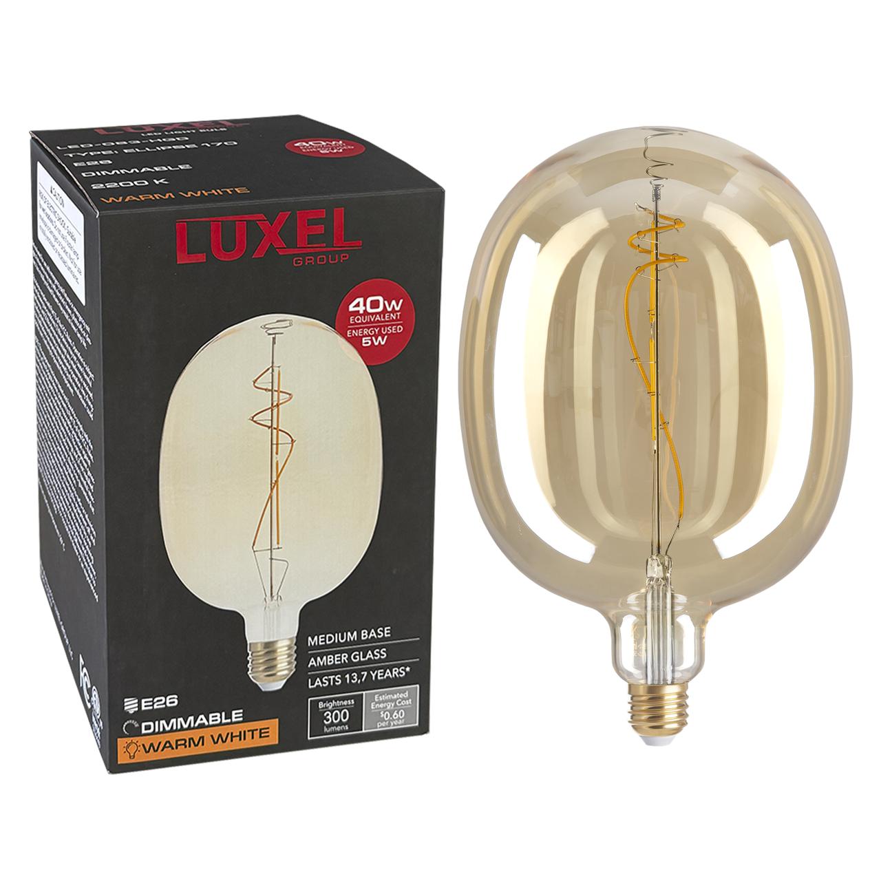Luxel LED light bulb with packaging on a white background