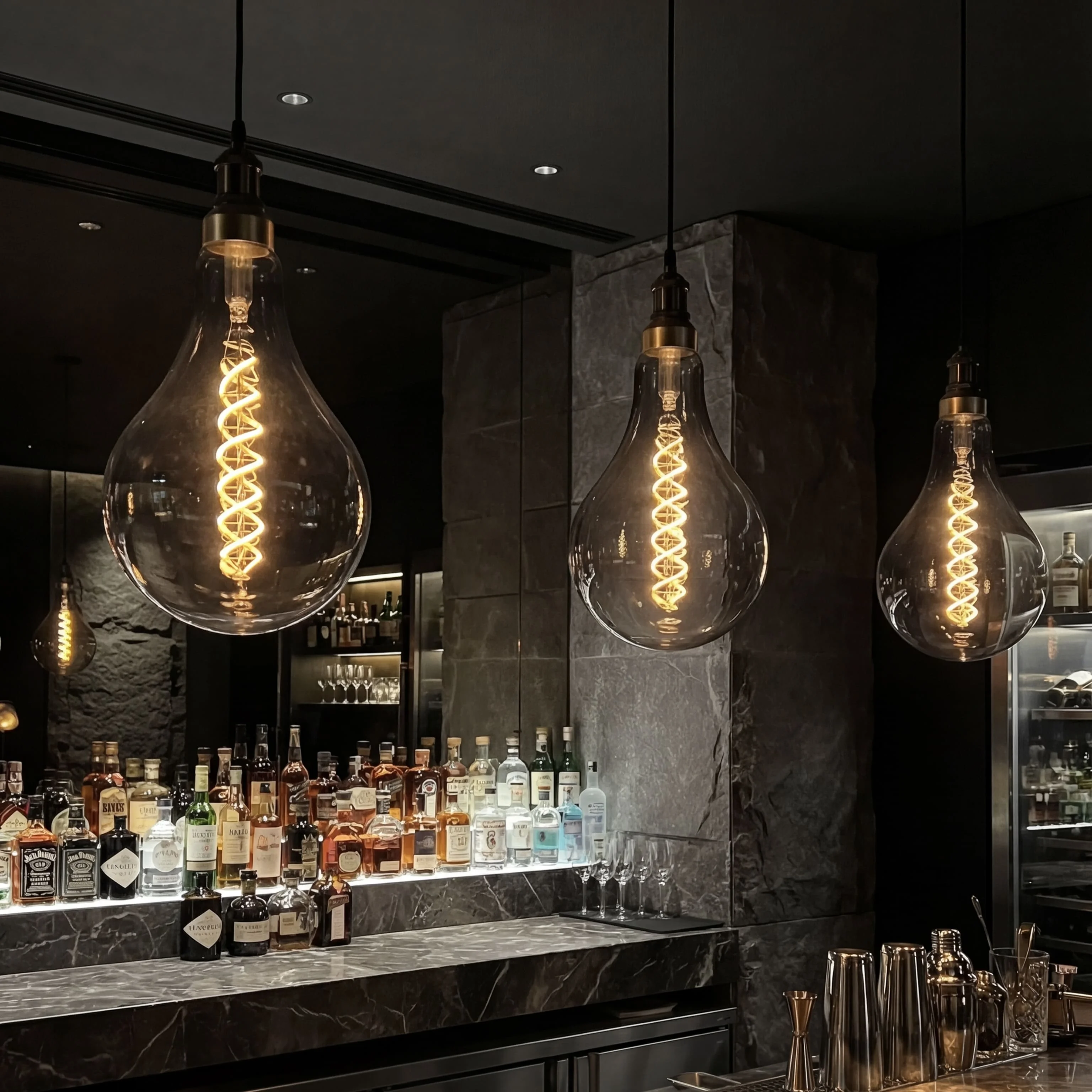 Three teardrop pendants over a dark-marble cocktail bar