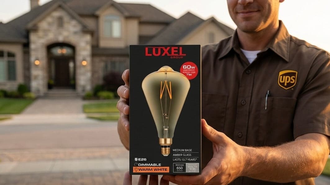Courier delivering a Luxel Bulbs parcel