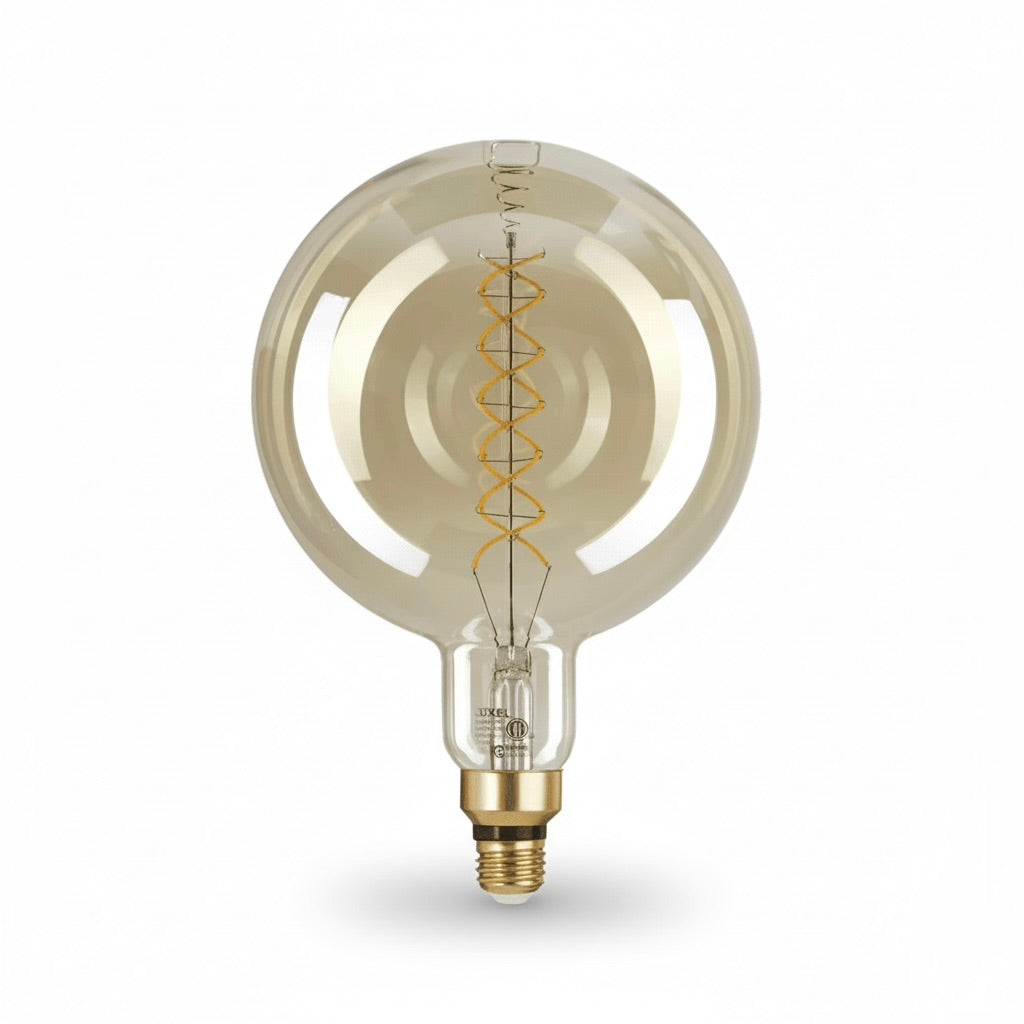 Decorative light bulb with spiral filament on a white background