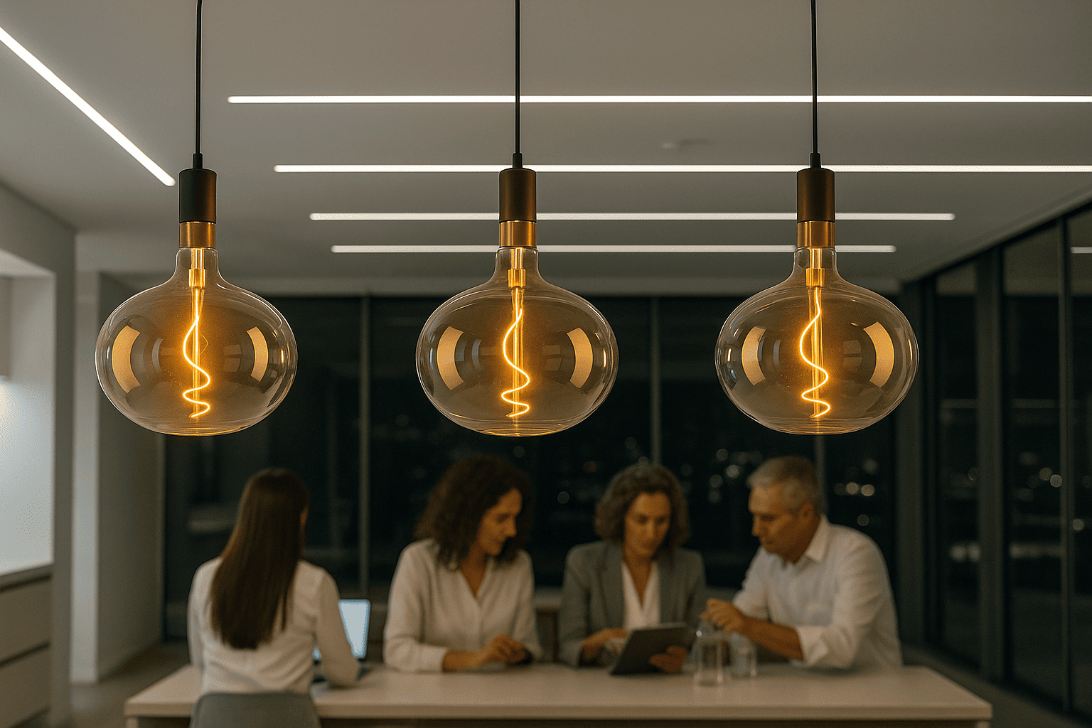 People working at a table with hanging light bulbs in an office setting