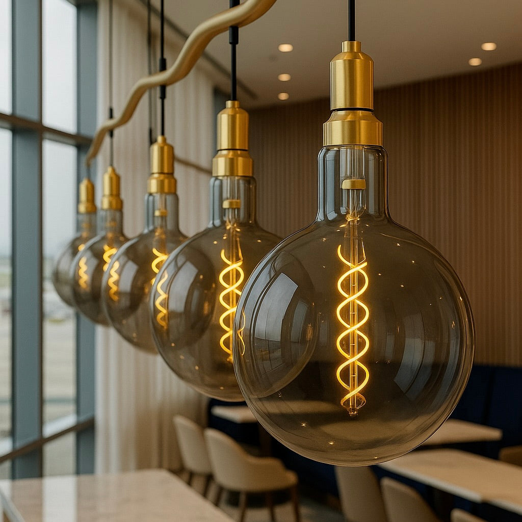 Row of decorative light bulbs hanging in a modern interior setting.