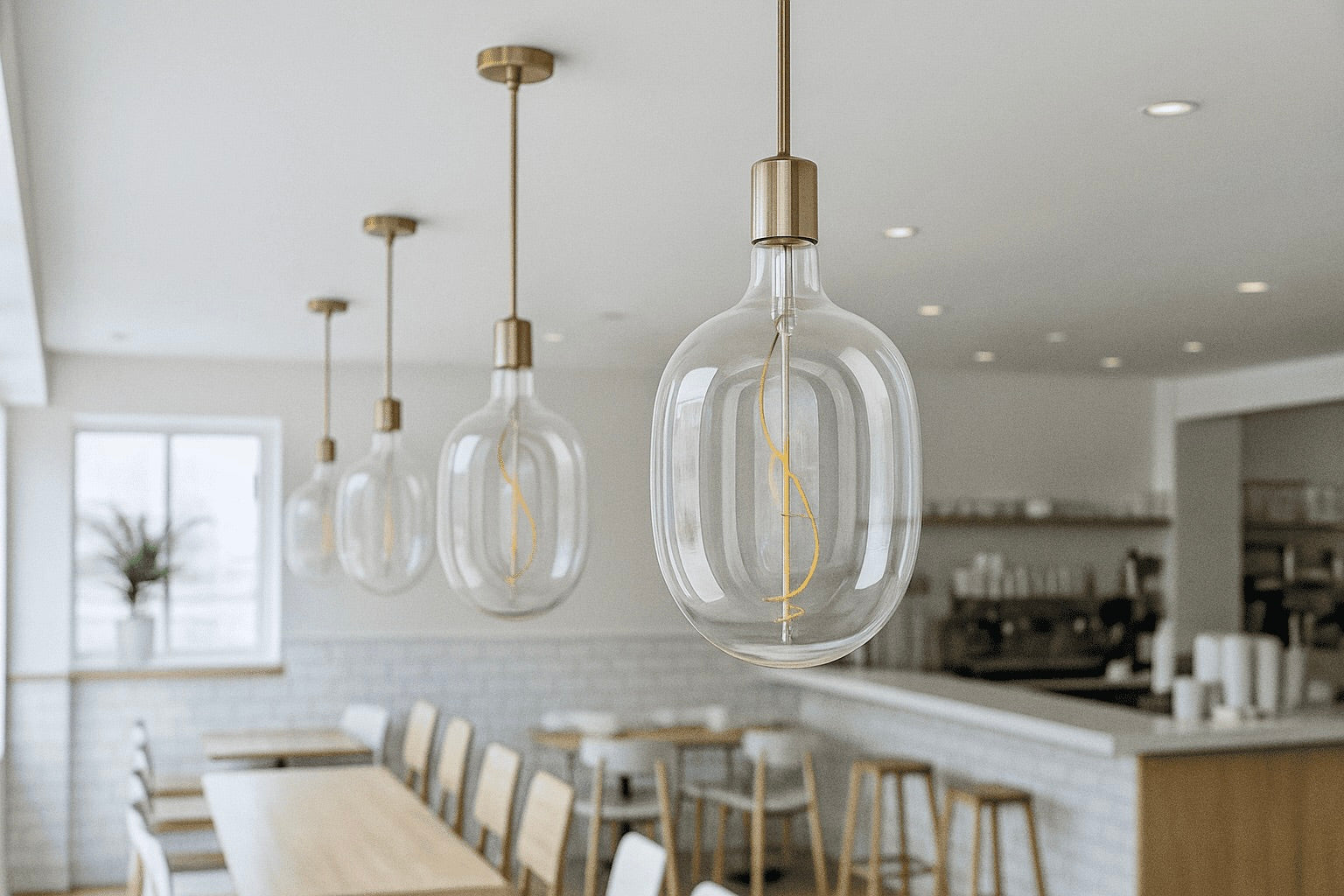 Modern interior design with pendant lights in a dining area.