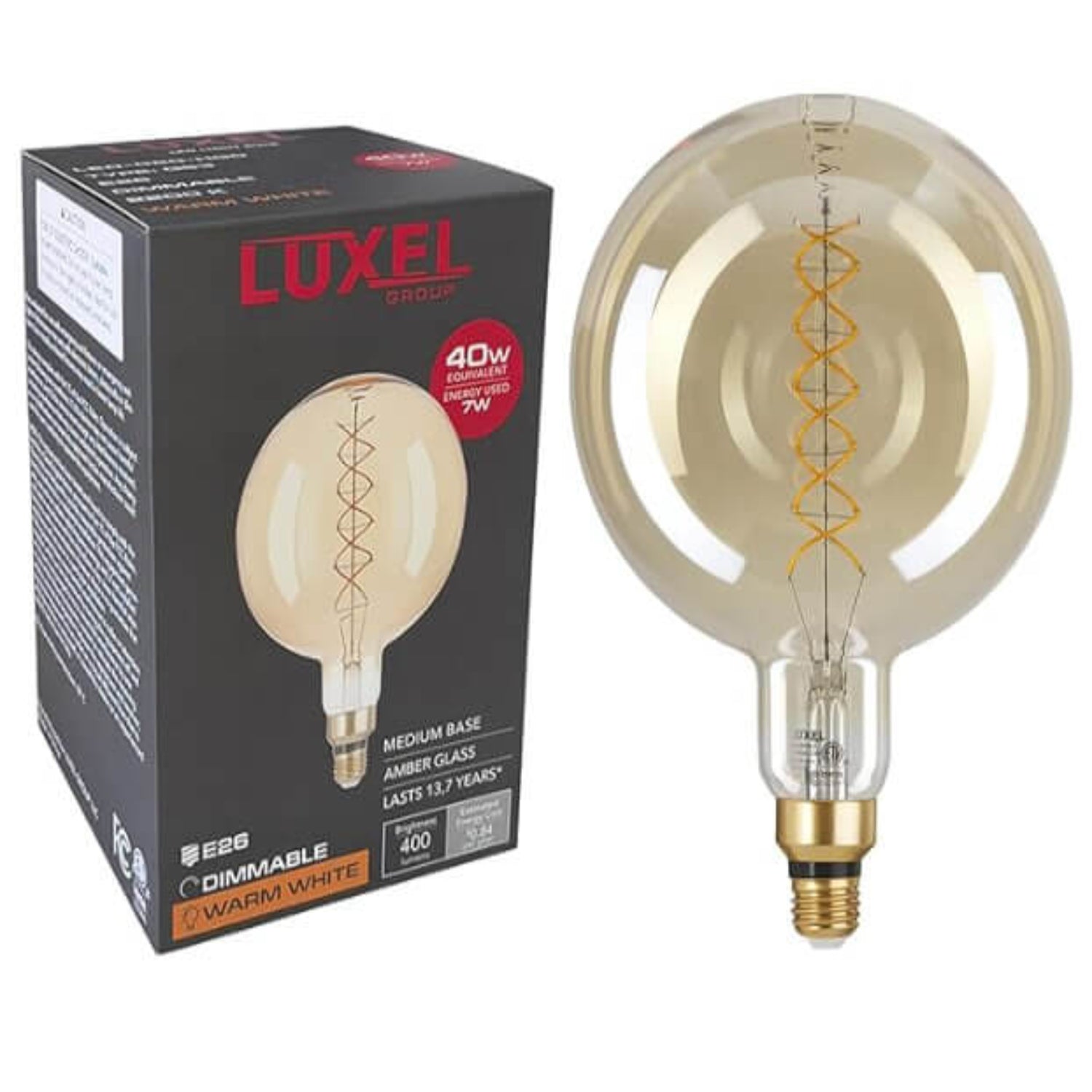 Oversized Edison-style LED bulb suspended in a stylish office setting with warm, ambient lighting.