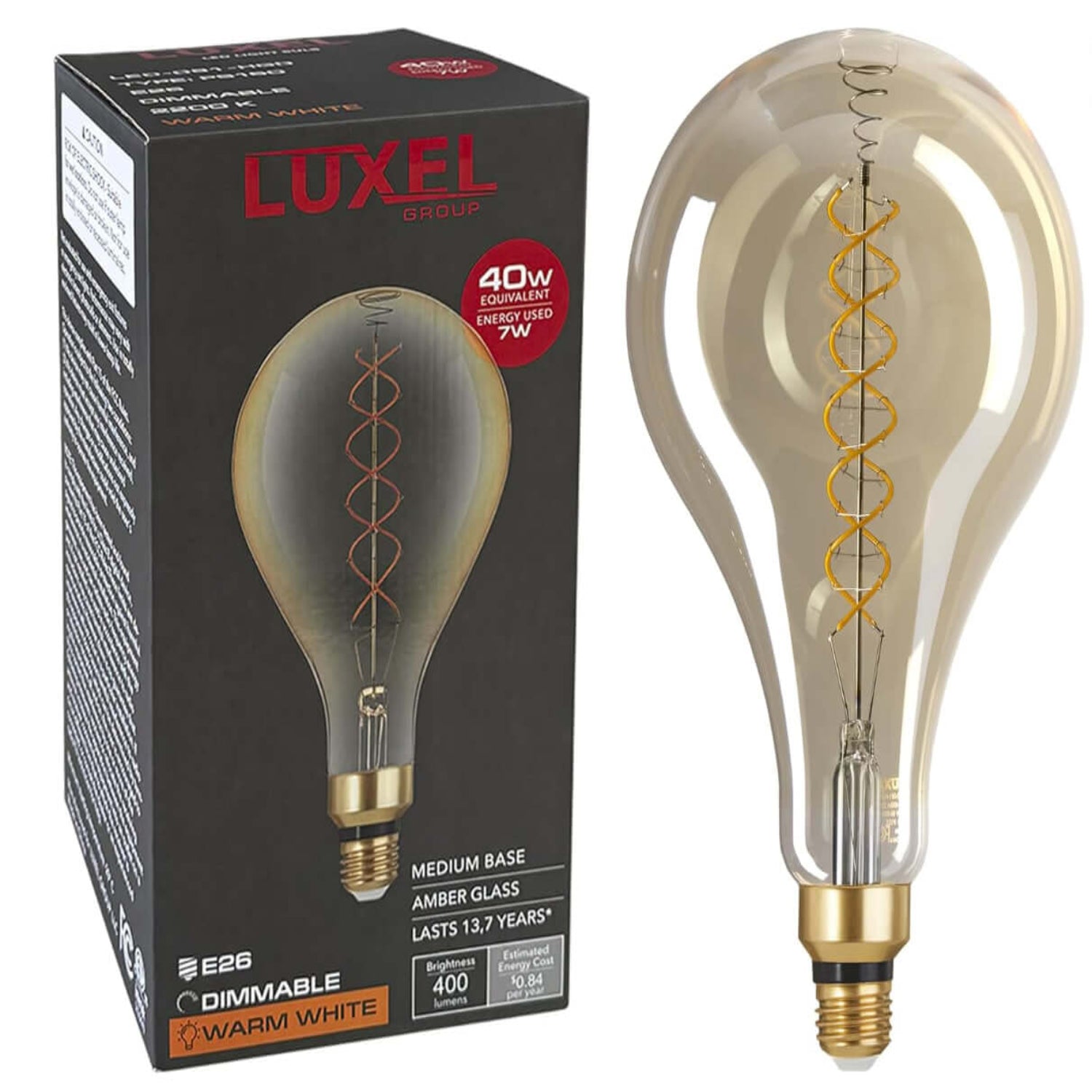 Oversized LED Edison bulb PS52 model by Luxel Group, shown in packaging with amber glass and spiral filament.
