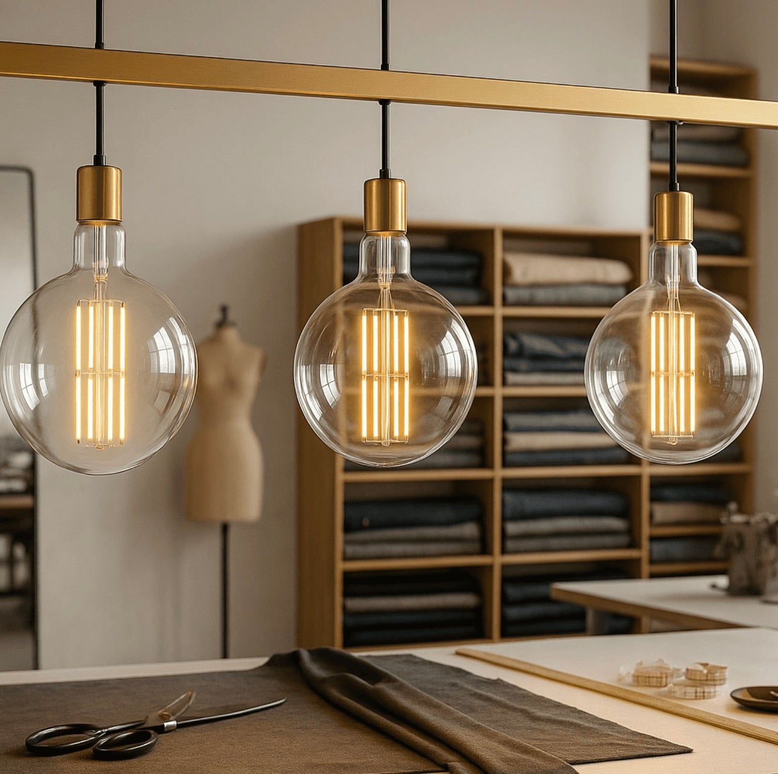 Three hanging light bulbs in a room with shelves and a mannequin.