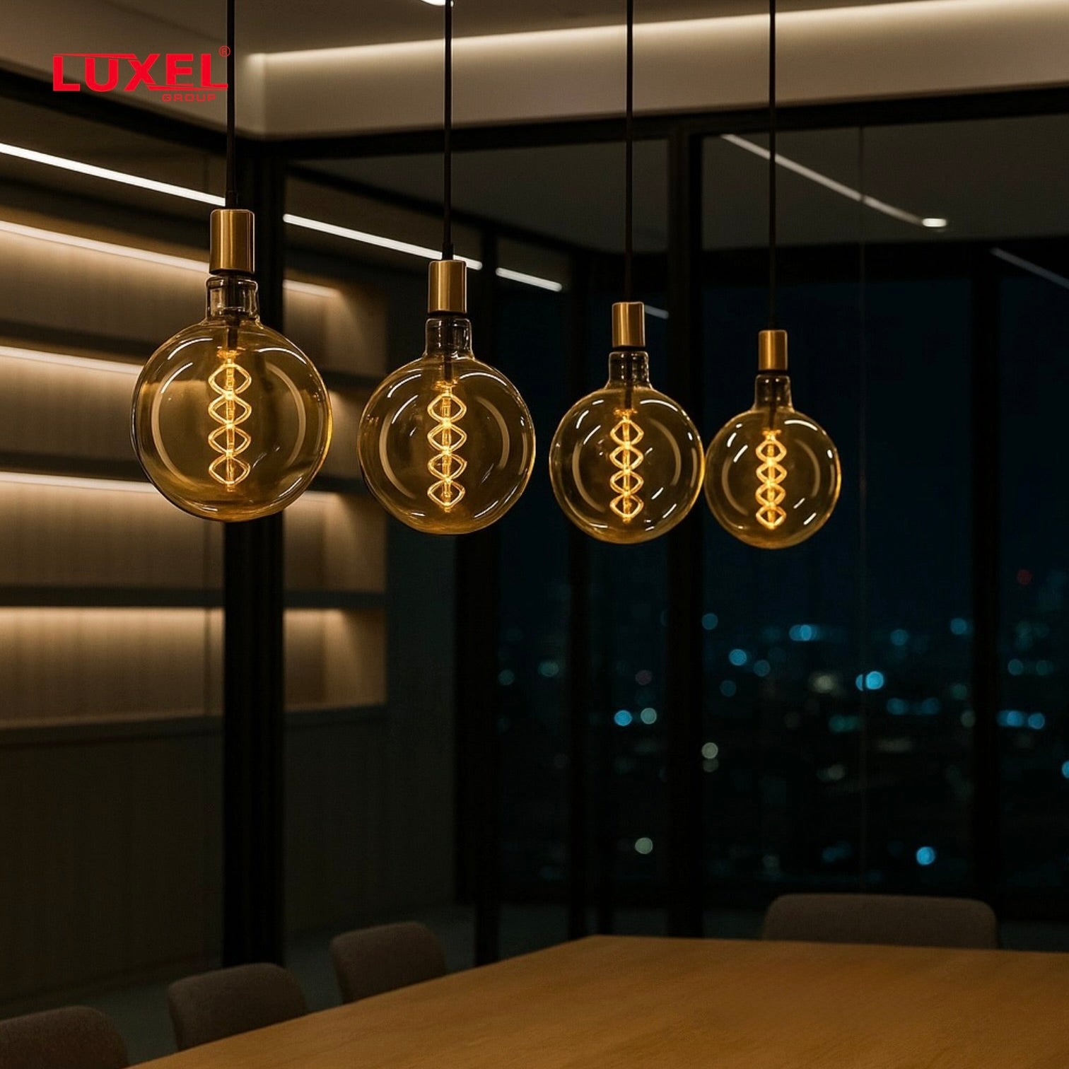 Four vintage-style light bulbs hanging above a table with a blurred cityscape background, featuring the Luxel brand.