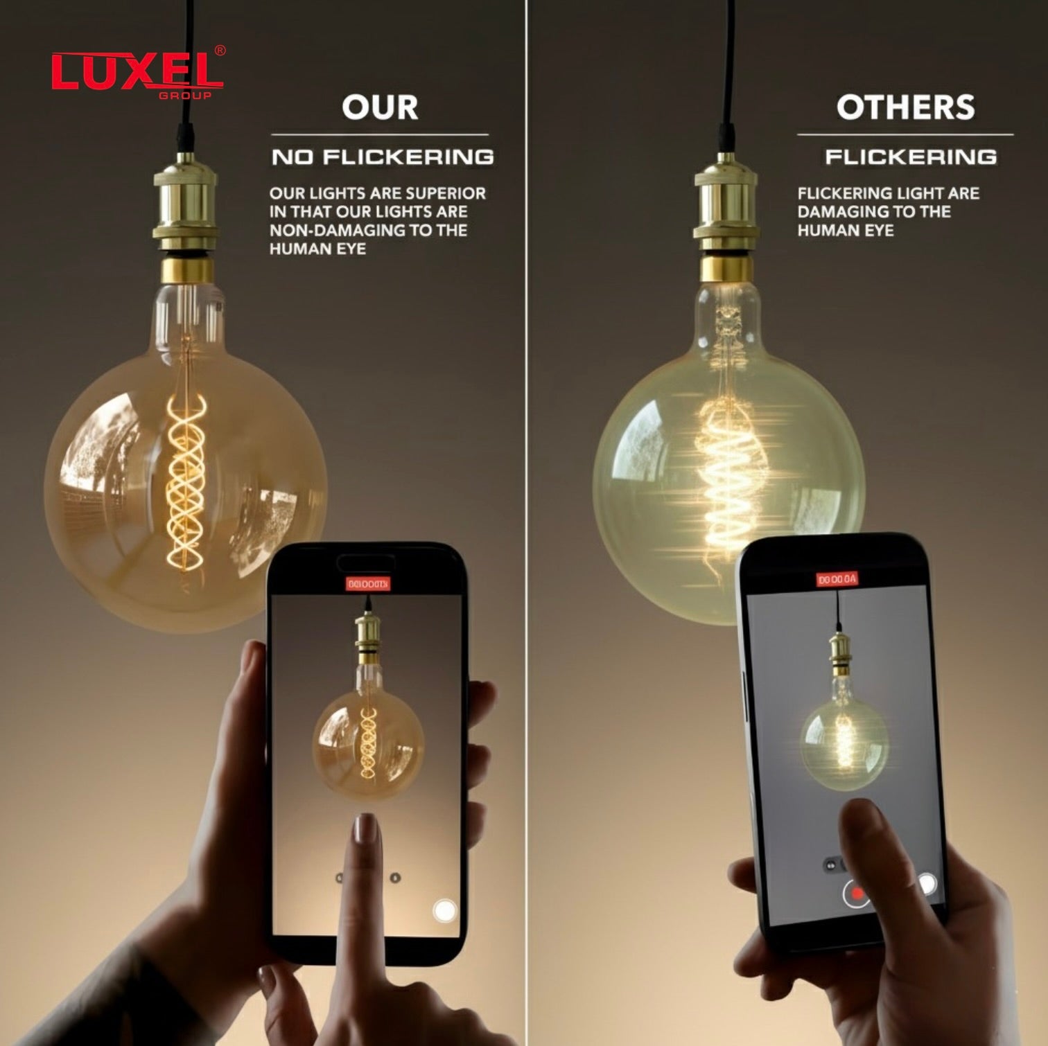 Comparison of Luxel light bulb with flickering lights on smartphones, highlighting Luxel's superior quality.