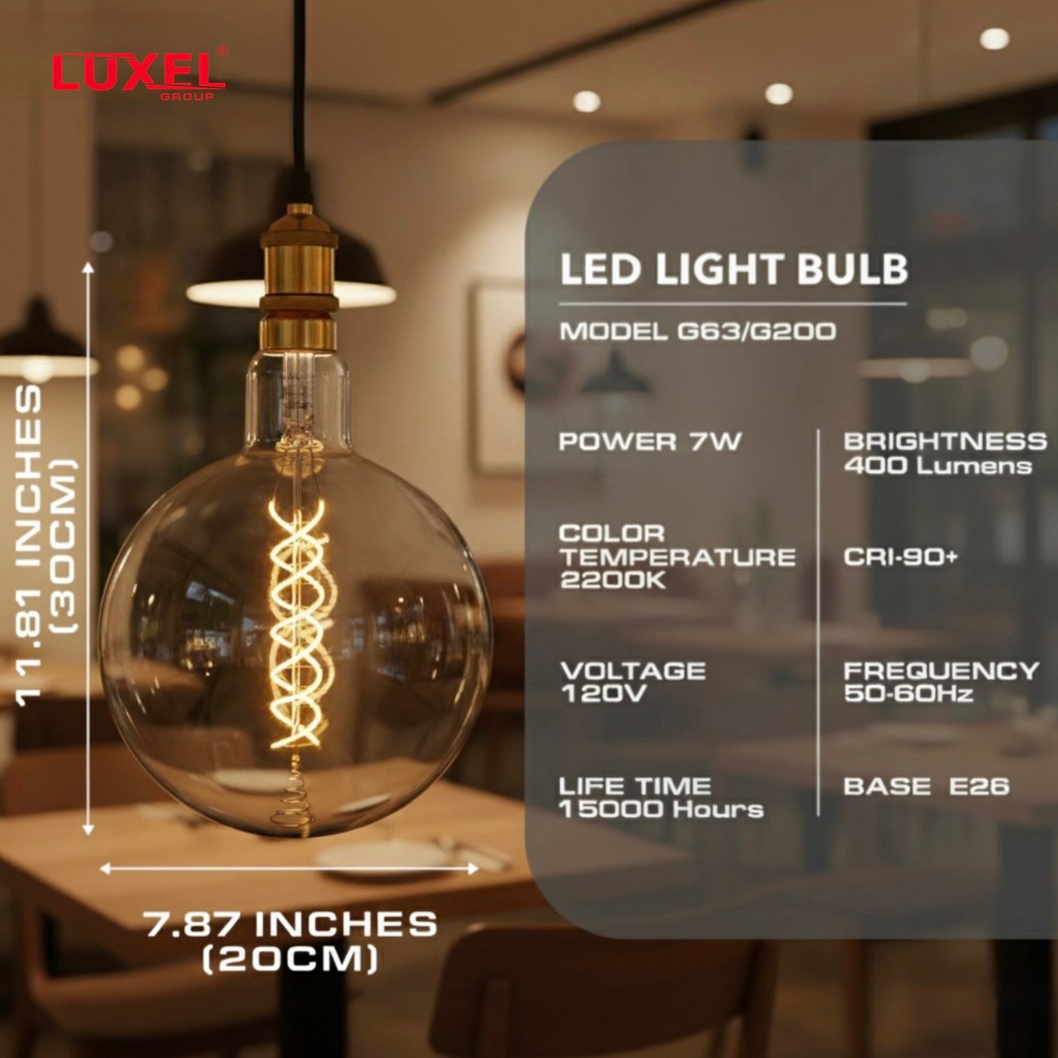 Luxel LED light bulb with specifications and dimensions displayed on a blurred indoor setting background.