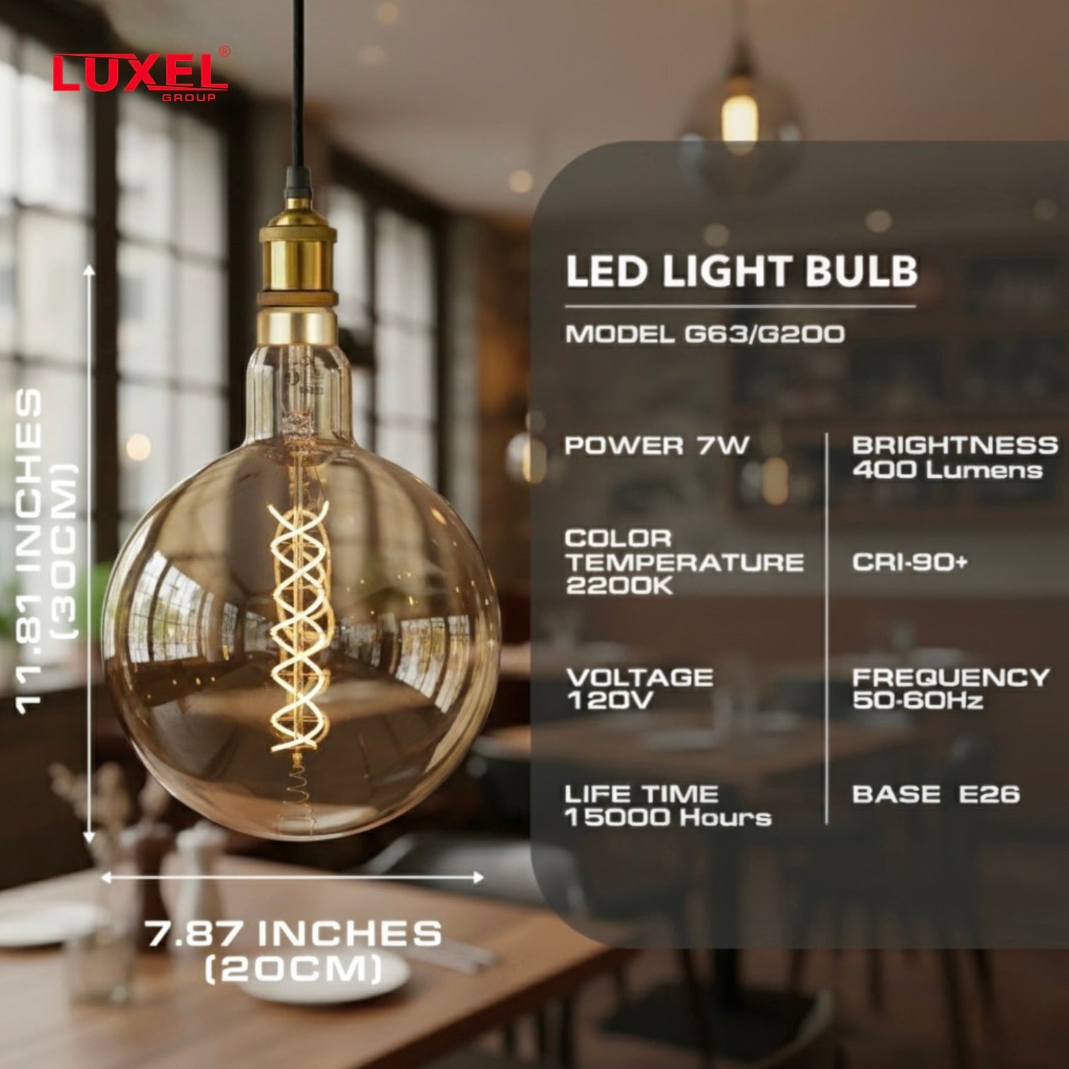 Luxel LED light bulb with specifications and a blurred restaurant setting in the background