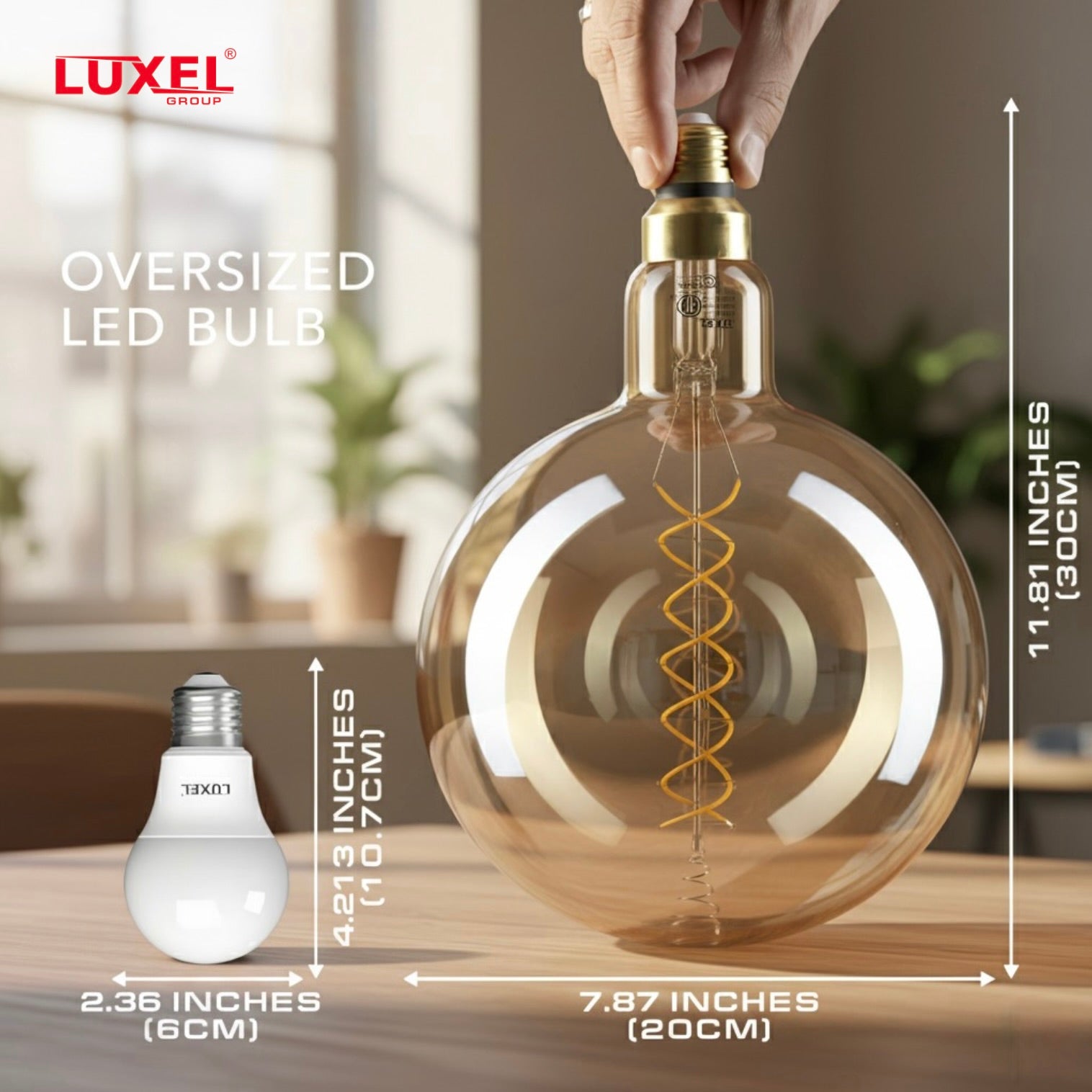 Luxel oversized LED bulb with a comparison to a standard bulb, showing dimensions.