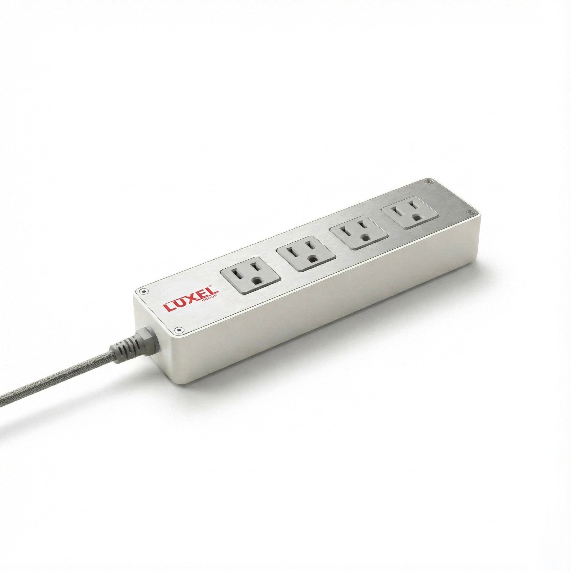 Power strip with four outlets on a white background, featuring the Luxcel brand.