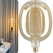 Large decorative light bulb with a visible filament next to a smaller traditional light bulb on a neutral background.
