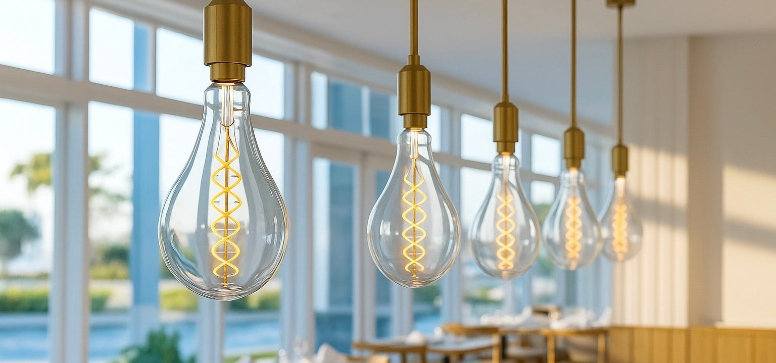 Vintage-style light bulbs hanging in a modern interior setting with large windows.