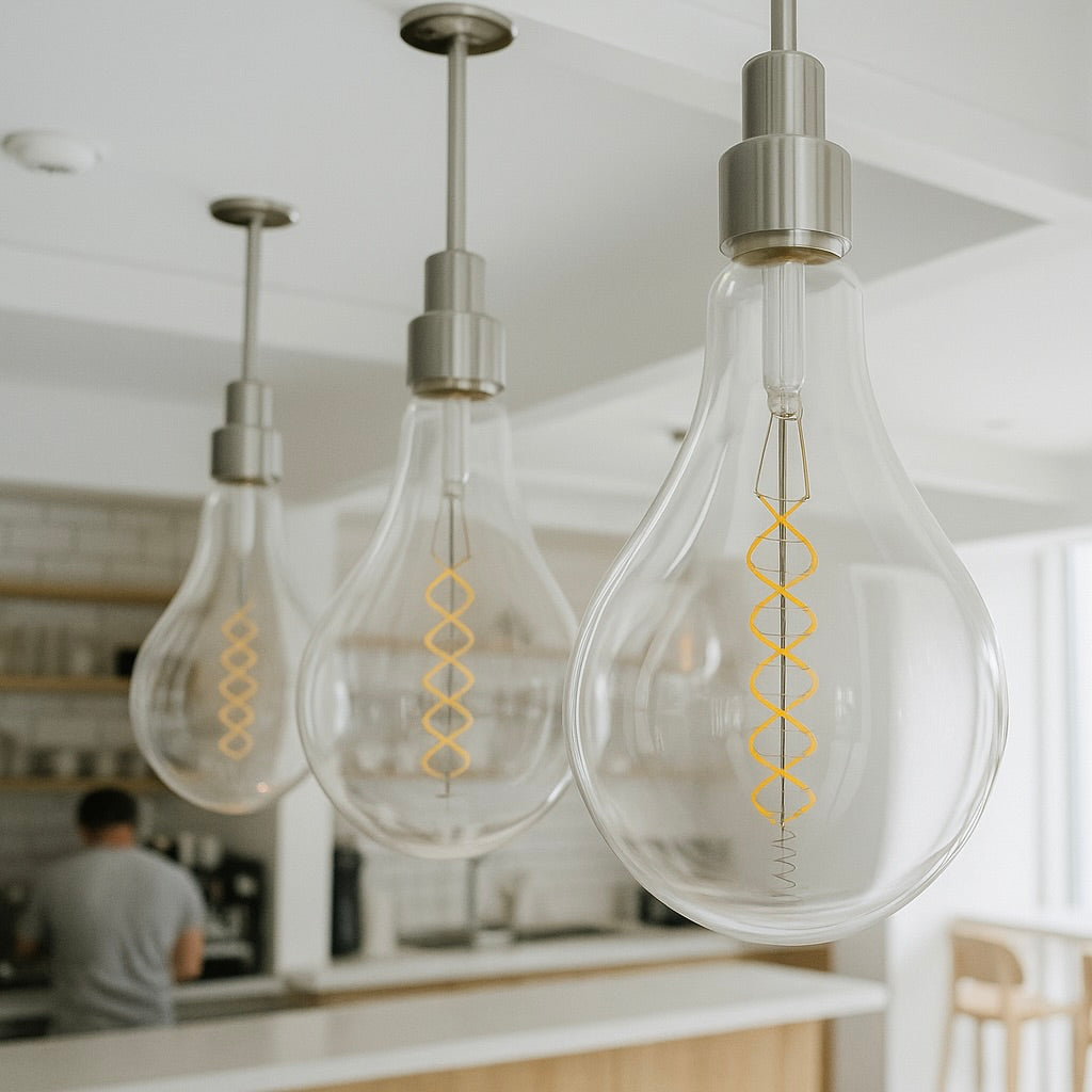 Three hanging light bulbs with spiral filaments in a kitchen setting
