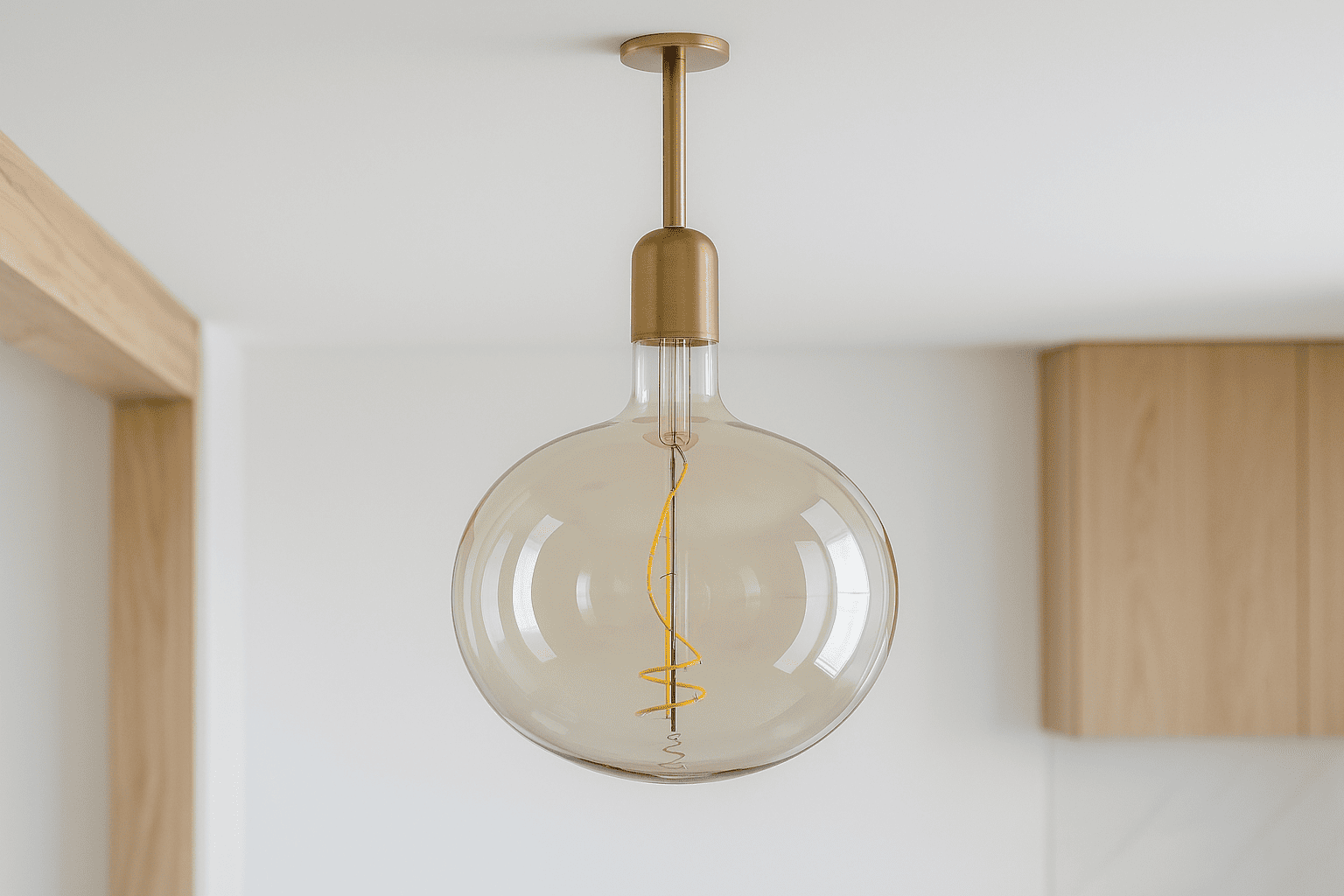 Modern pendant light with a glass shade and gold fixture on a neutral background