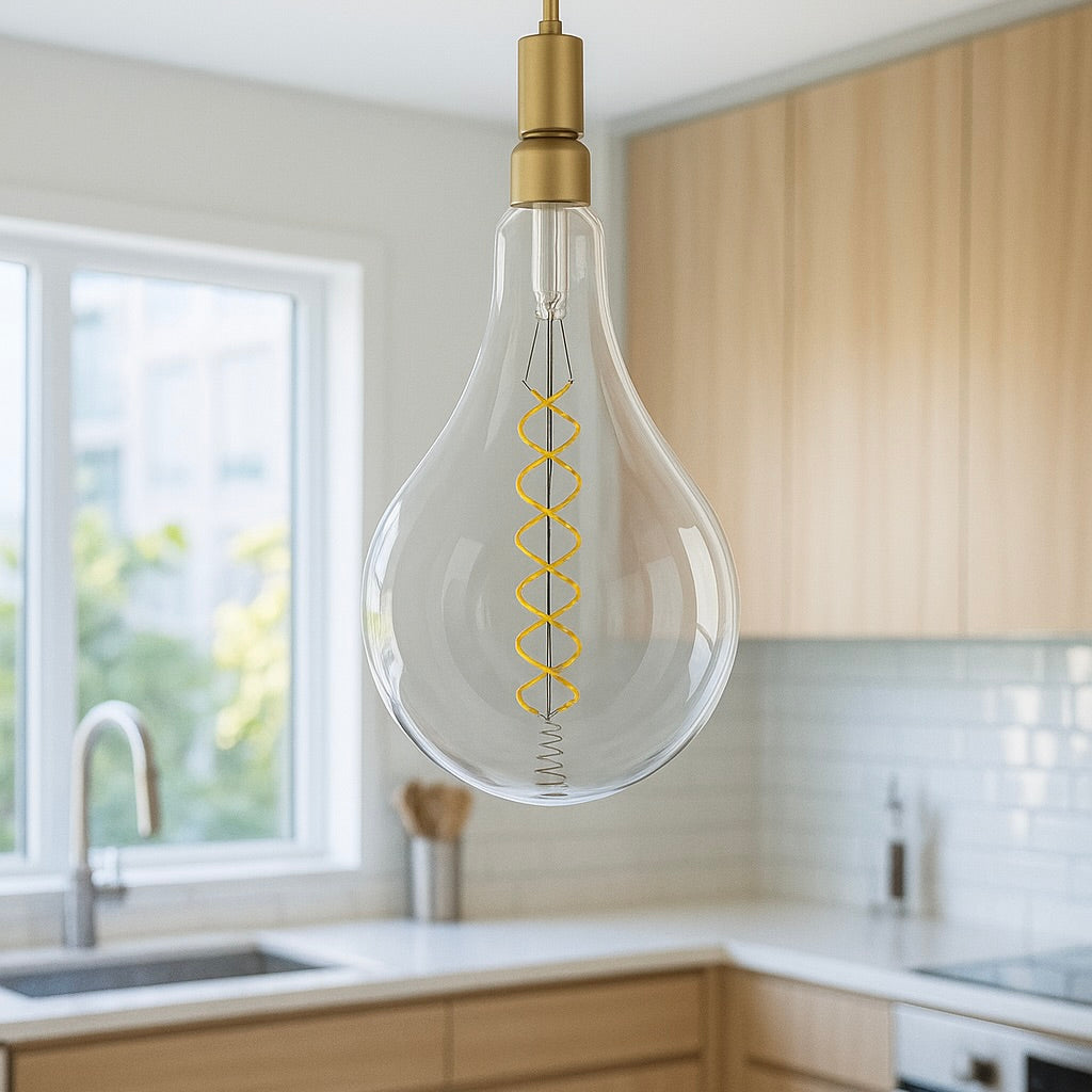 Decorative light bulb hanging in a kitchen with a window and cabinets in the background