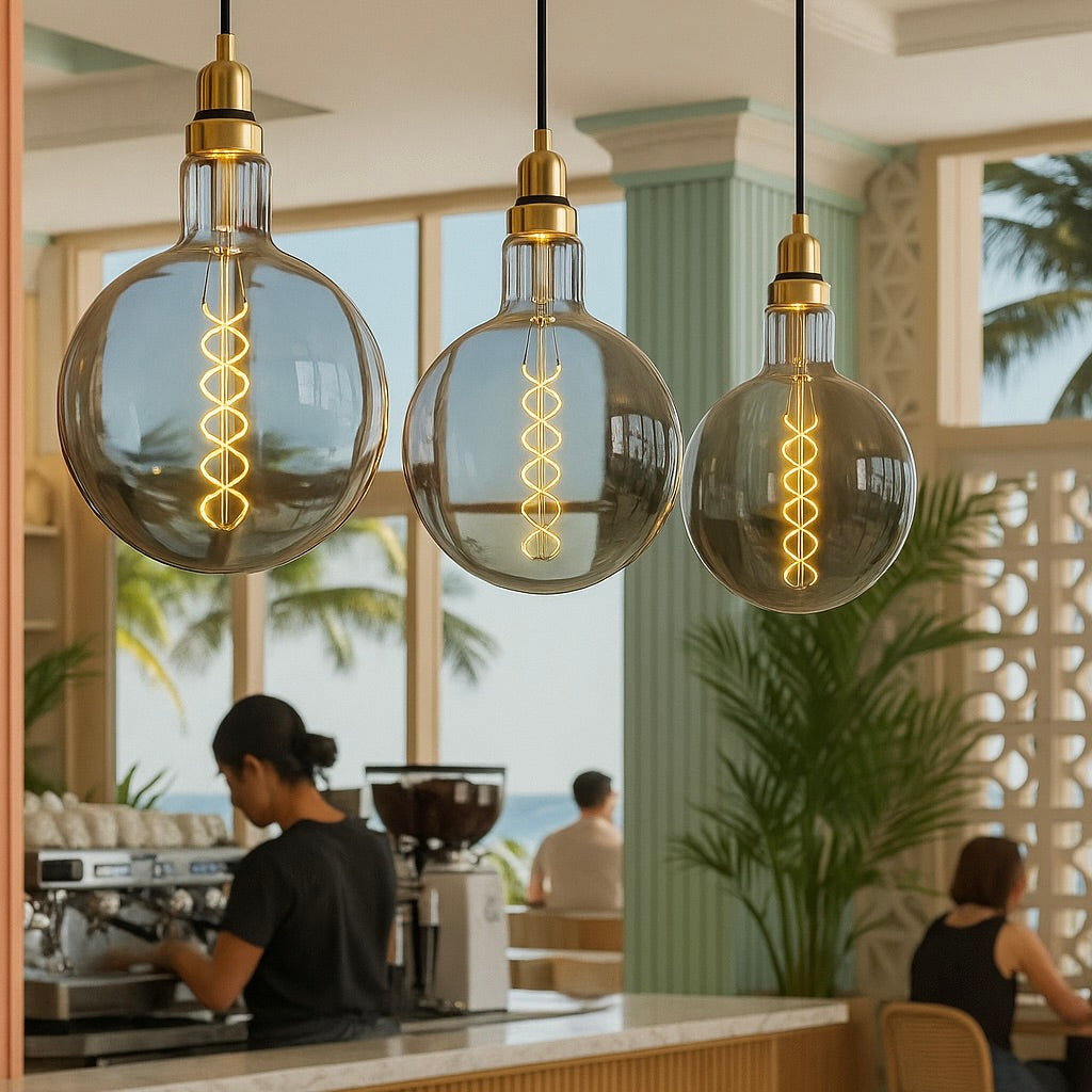 Three hanging pendant lights with glass shades in a cafe setting.