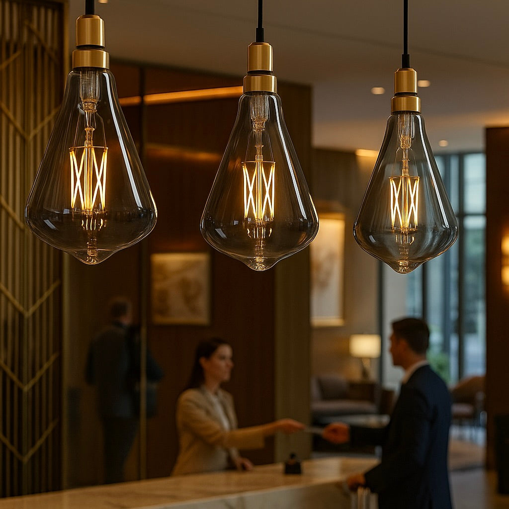 Three vintage-style light bulbs hanging in a modern interior setting.