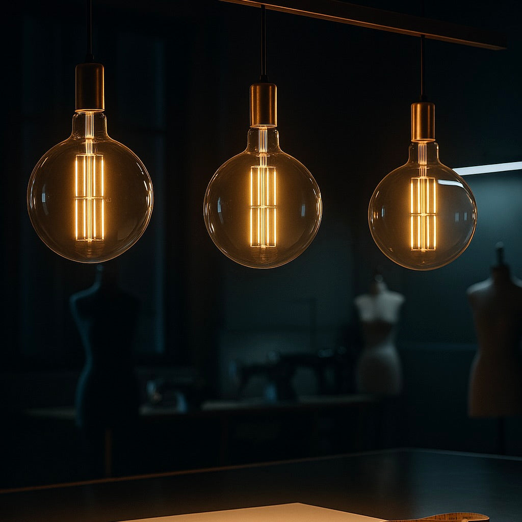 Three illuminated light bulbs hanging in a dark room with a blurred background