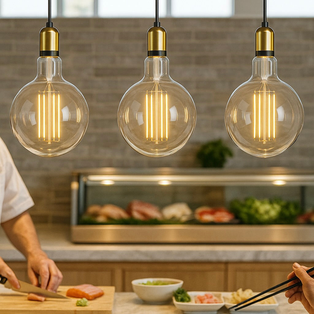 Three large filament light bulbs hanging above a kitchen counter with food preparation activities.