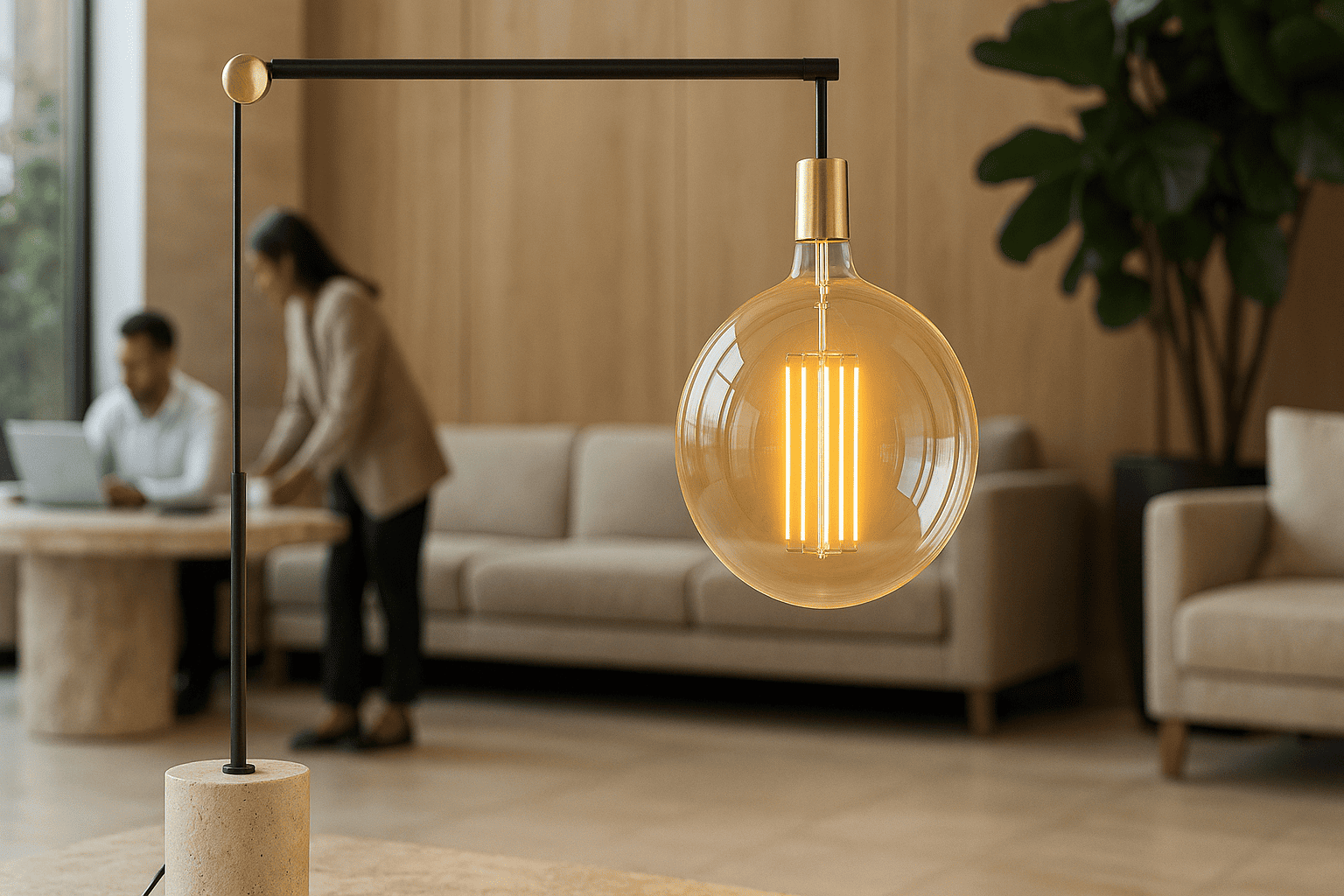 Modern light bulb on a stand with a blurred office background