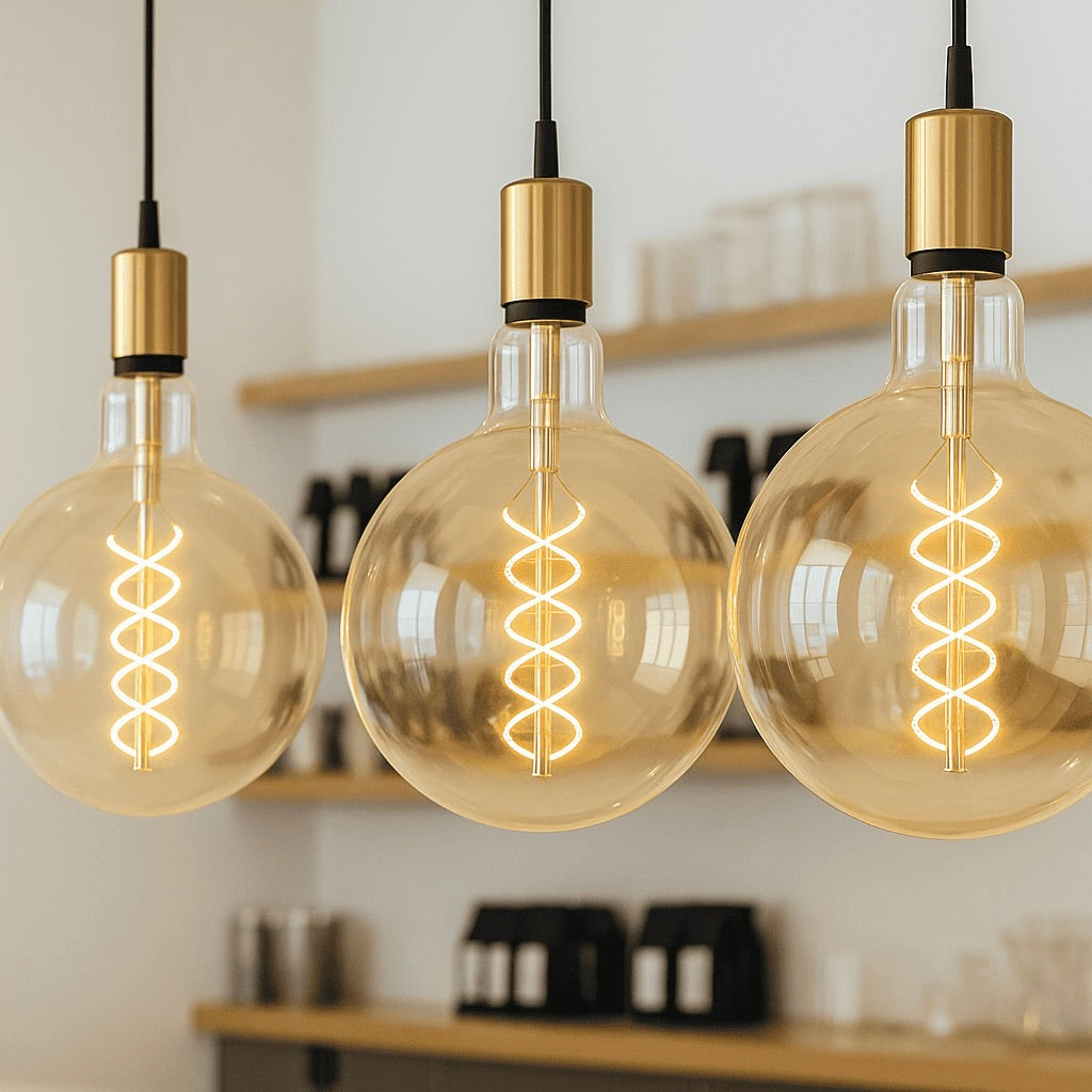 Three vintage-style light bulbs hanging in a kitchen setting