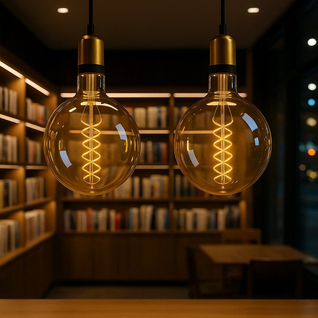 Two illuminated light bulbs hanging above a table with a blurred bookshelf background