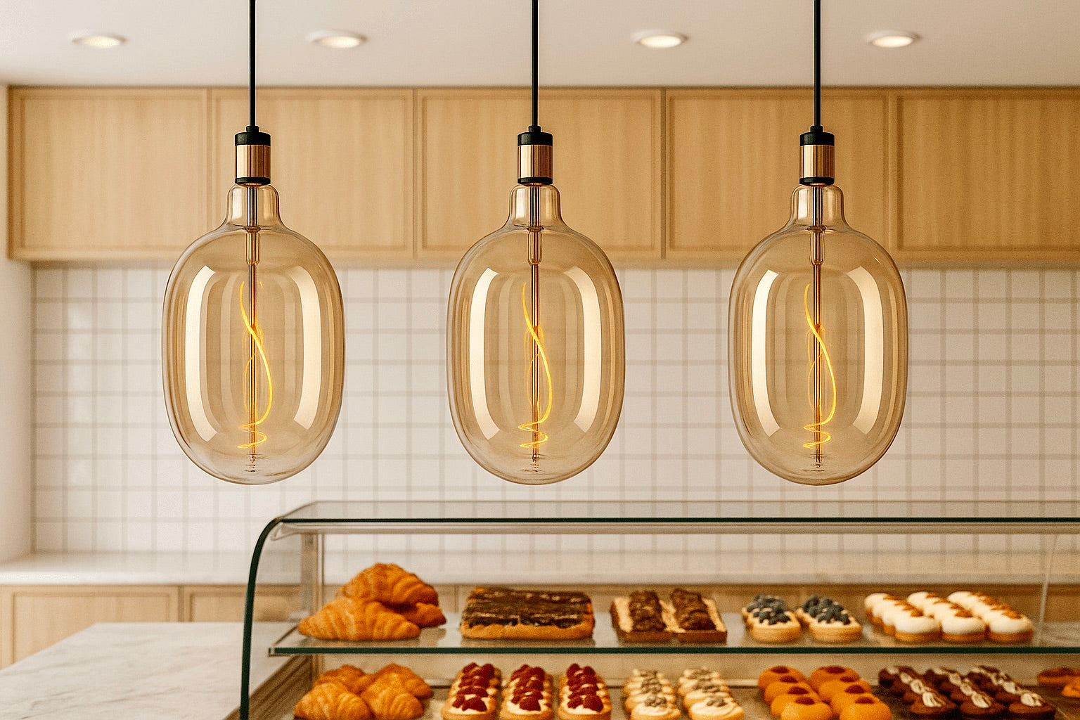 Three pendant lights hanging above a display case with pastries in a bakery.