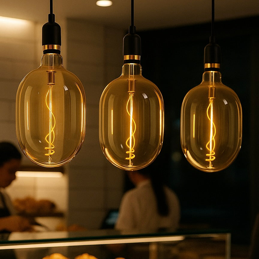 Three vintage-style light bulbs hanging in a dimly lit room with people in the background.