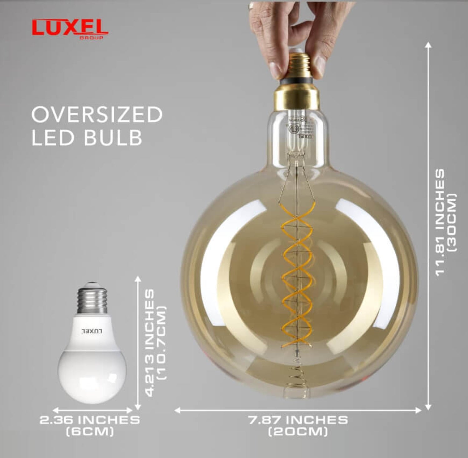 Luxel Group oversized vintage LED light bulb illuminating a neutral-toned modern interior.
