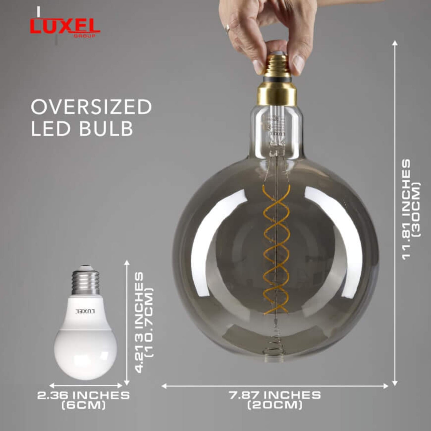 Luxel oversized LED bulb in modern living room with cozy decor