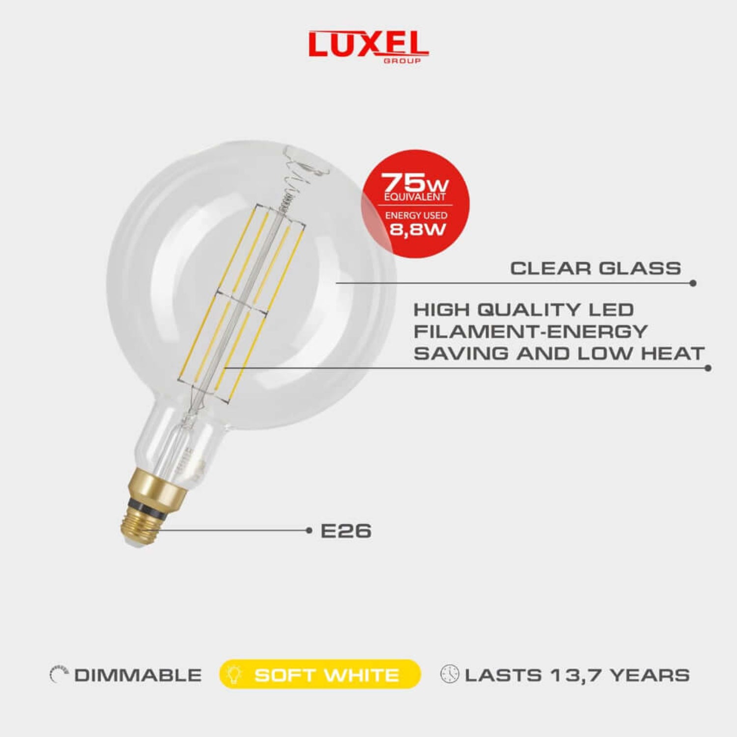 Luxel clear glass LED bulb with high-quality filament, E26 base, 75W equivalent, dimmable soft white light