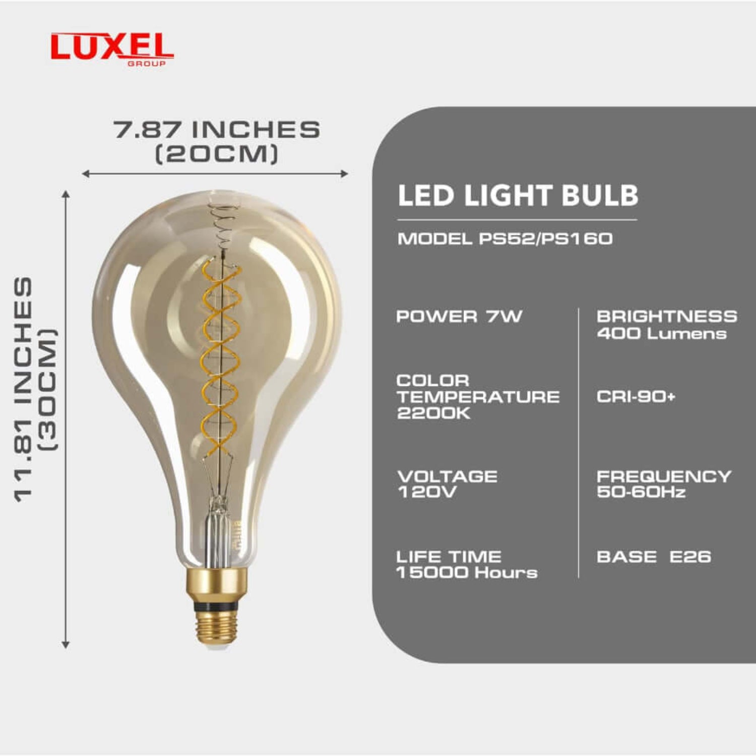 LED bulb technical specs infographic for Luxel PS52/PS160 — 7W, 400 lumens, 2200K, 120V, 15,000-hour lifespan.