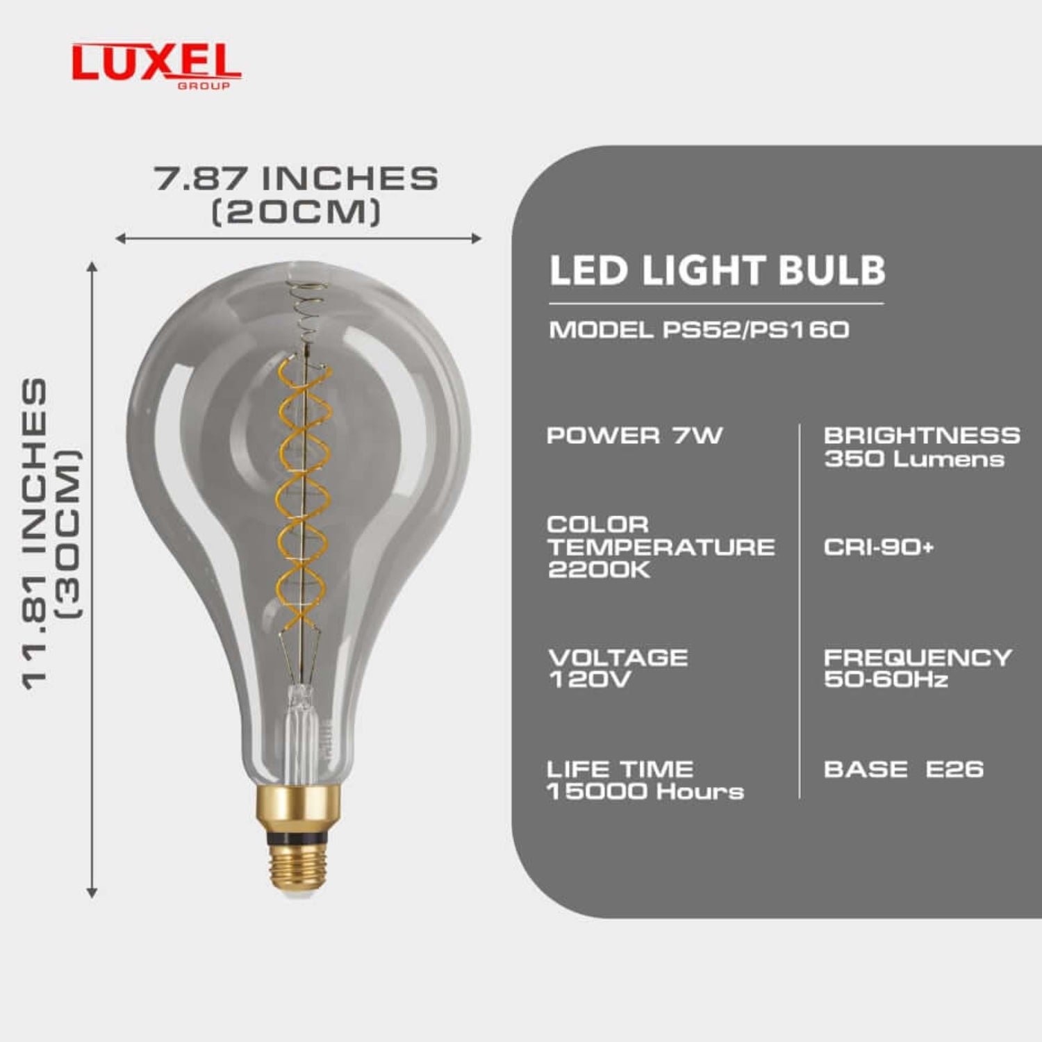 Product specifications chart for oversized LED bulb model PS52/PS160, including size, brightness, color temperature, and lifespan.