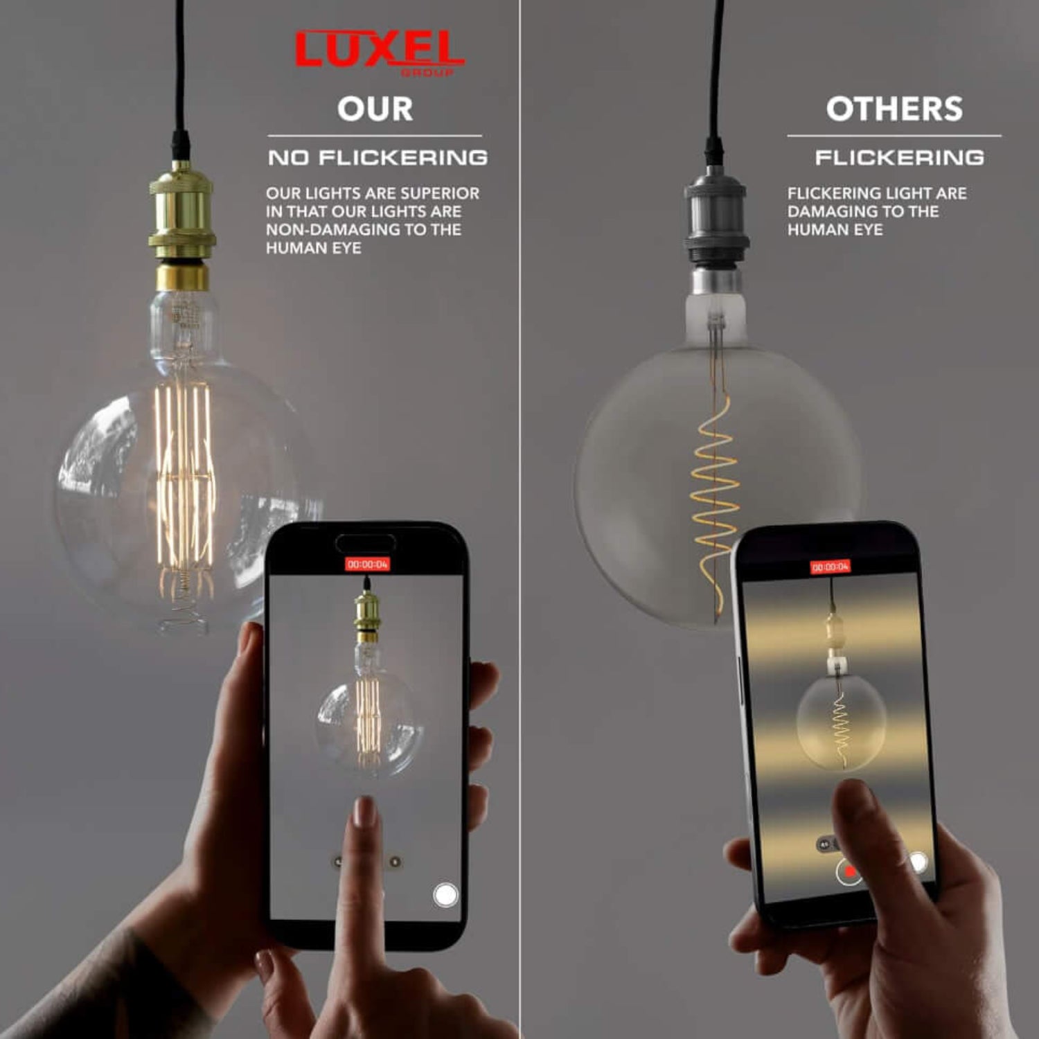 Side-by-side comparison of Luxel no-flickering LED bulb vs flickering competitor bulb using smartphone camera