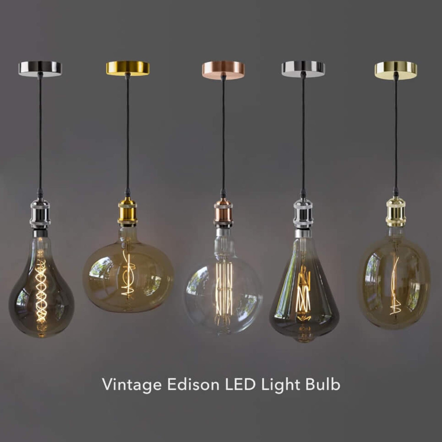 Luxel Edison-style LED bulbs in various smoky and clear glass designs with five different pendant finishes