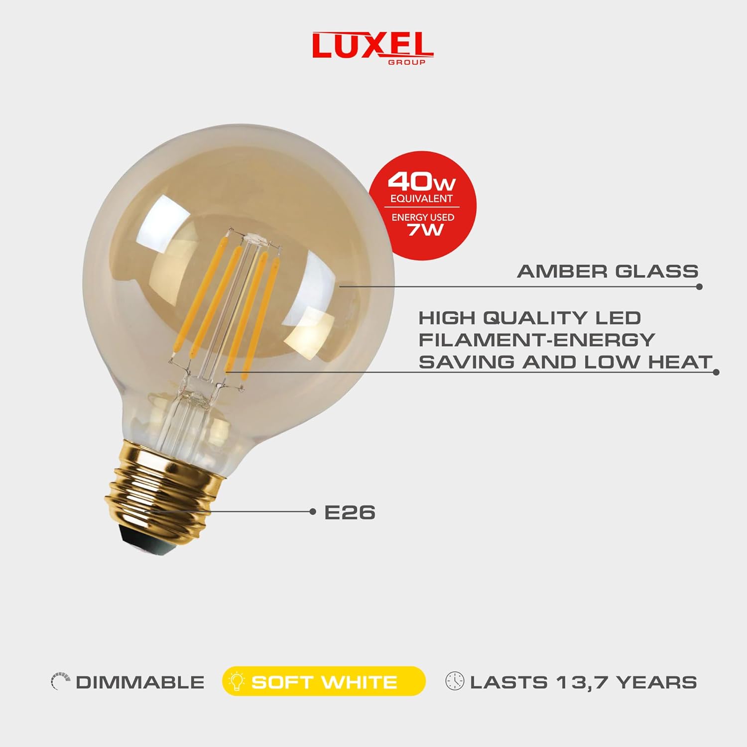 Vintage LED Edison bulb 7W dimmable with amber glass and E26 base, 40W equivalent