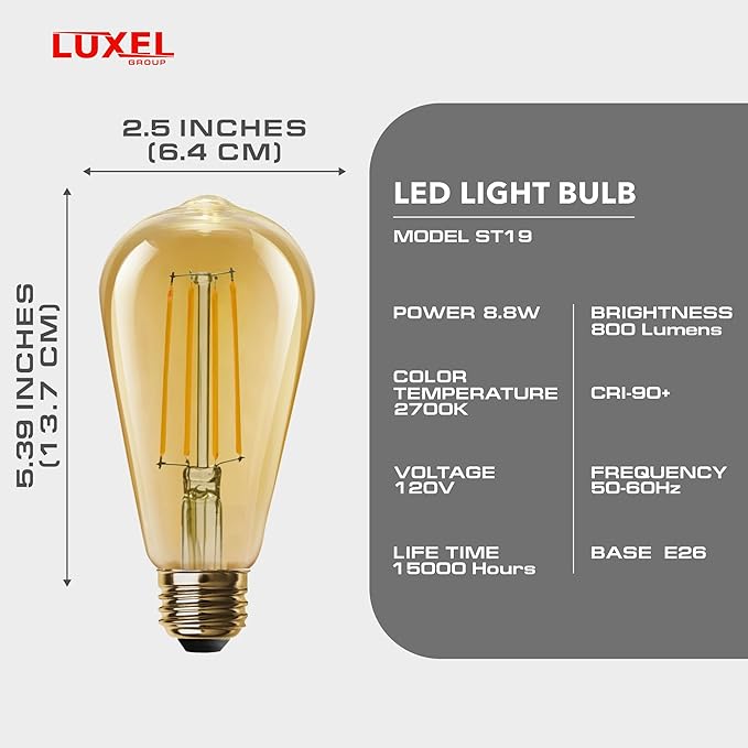 Luxel LED light bulb with specifications on a gray background