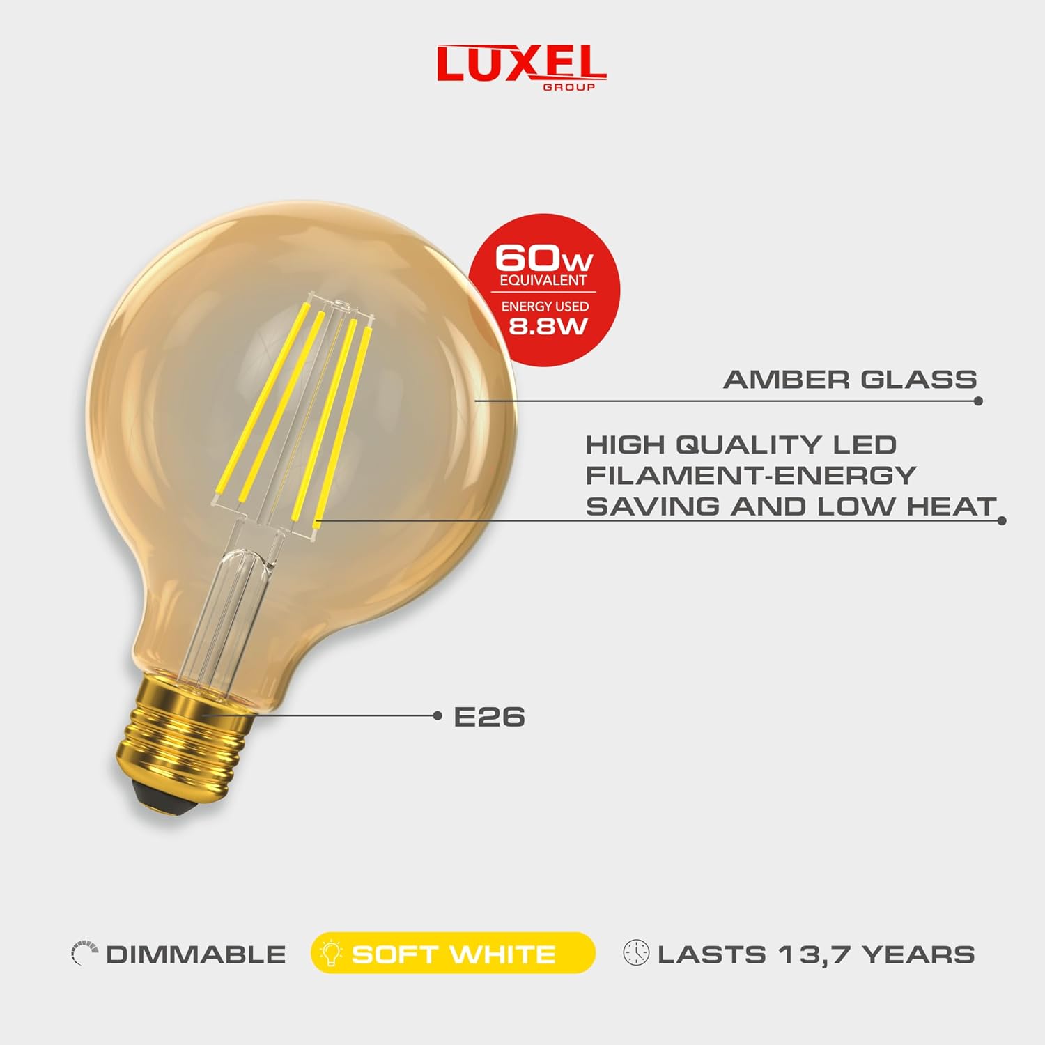 Luxel LED light bulb with features highlighted on a white background