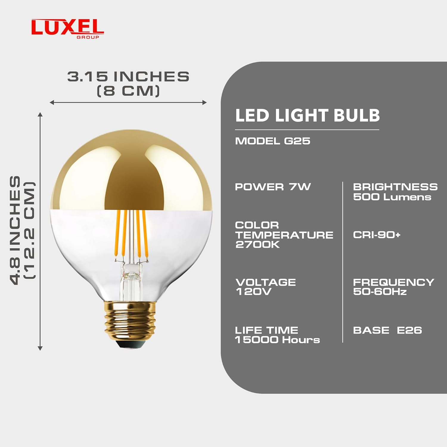 LED light bulb with Luxel branding and specifications on a gray background