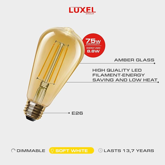 Luxel LED light bulb with features highlighted on a white background