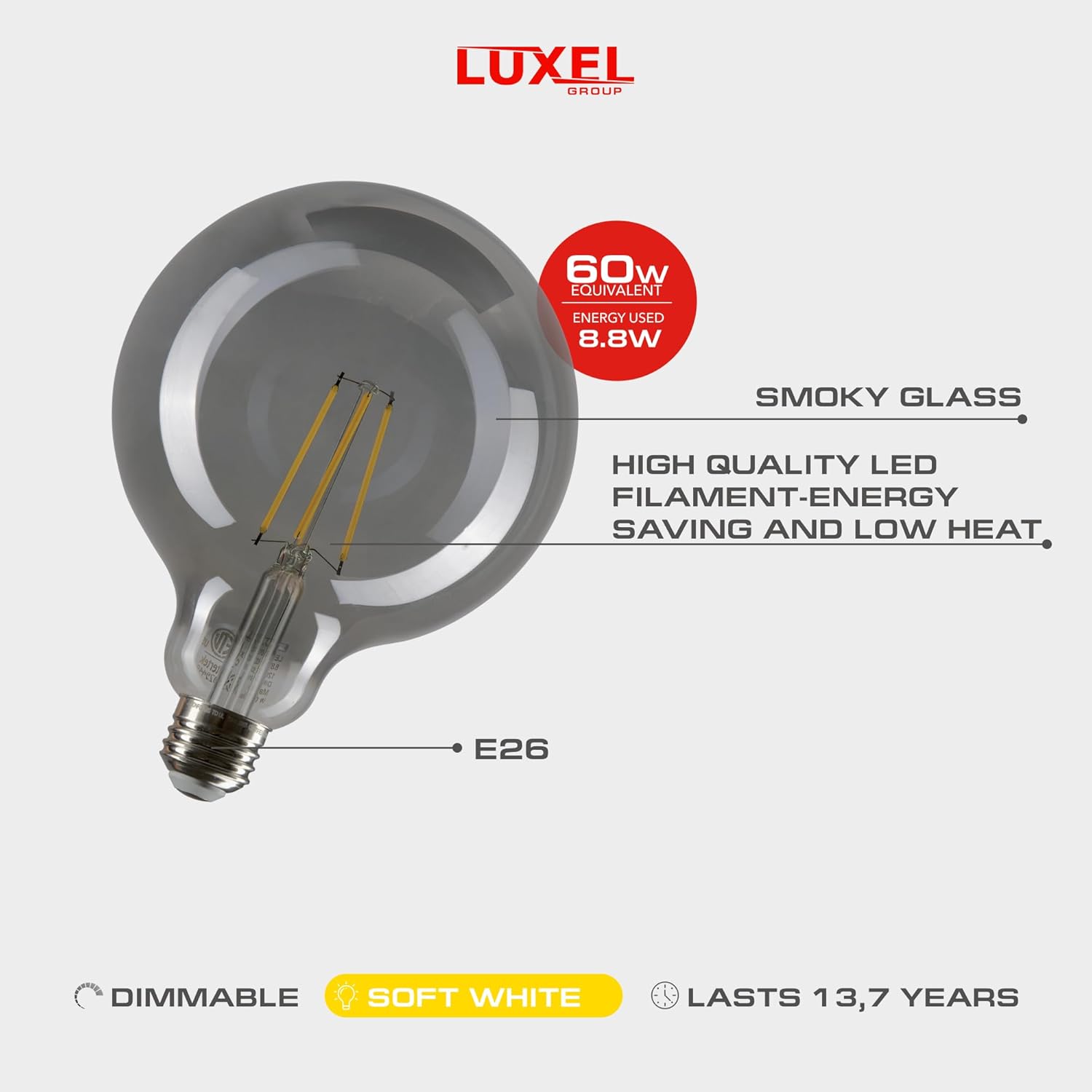 Luxel LED light bulb with features listed on a white background