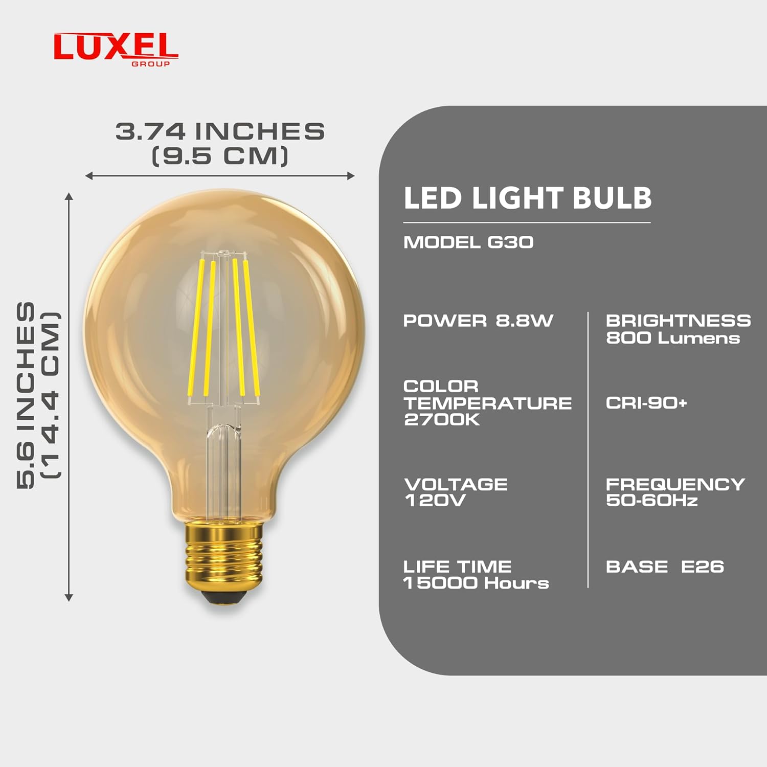 LED light bulb with specifications on a gray background